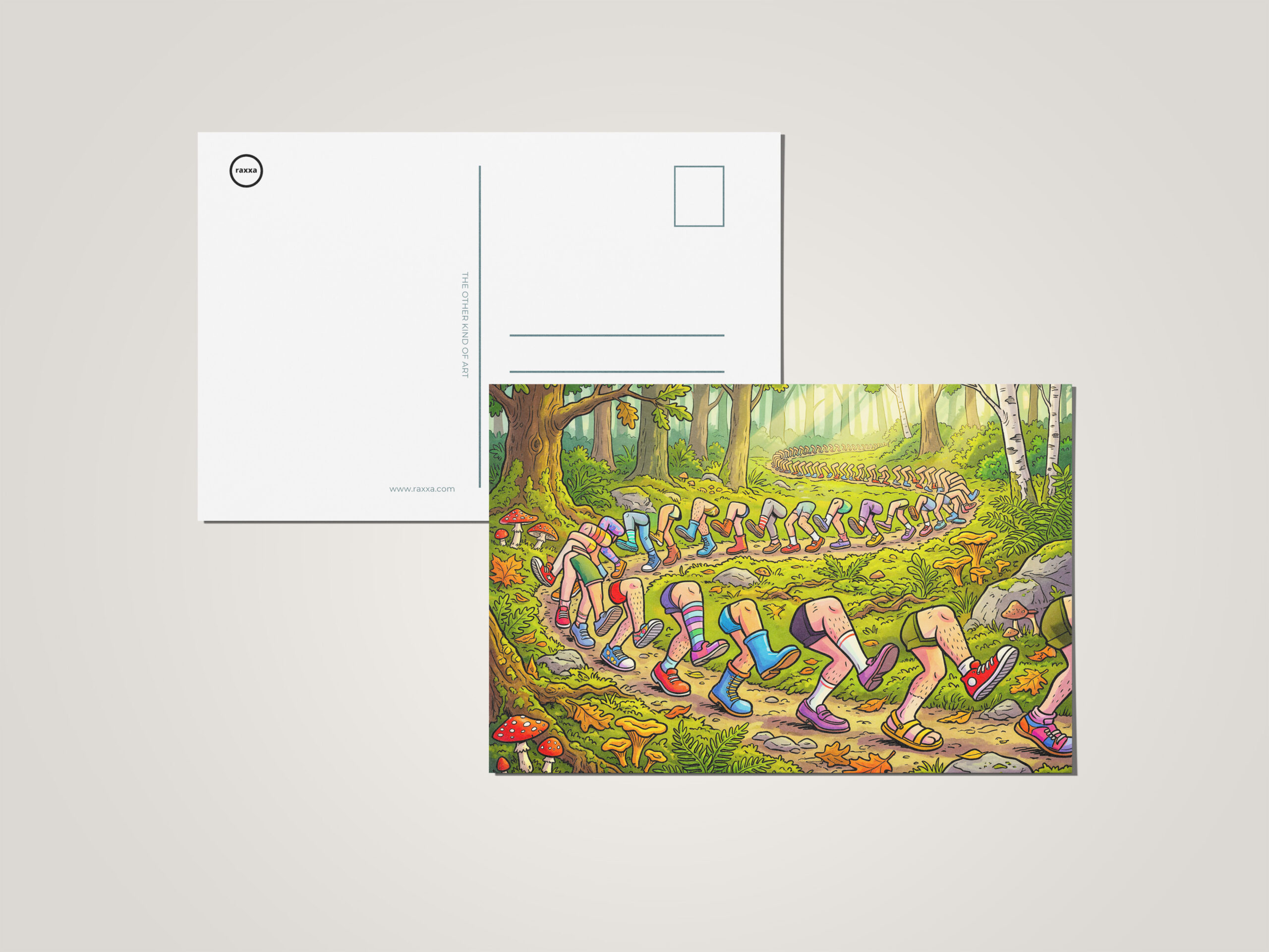 raxxa Postkarte: Endless Line of Running Cartoon Legs Outdoors