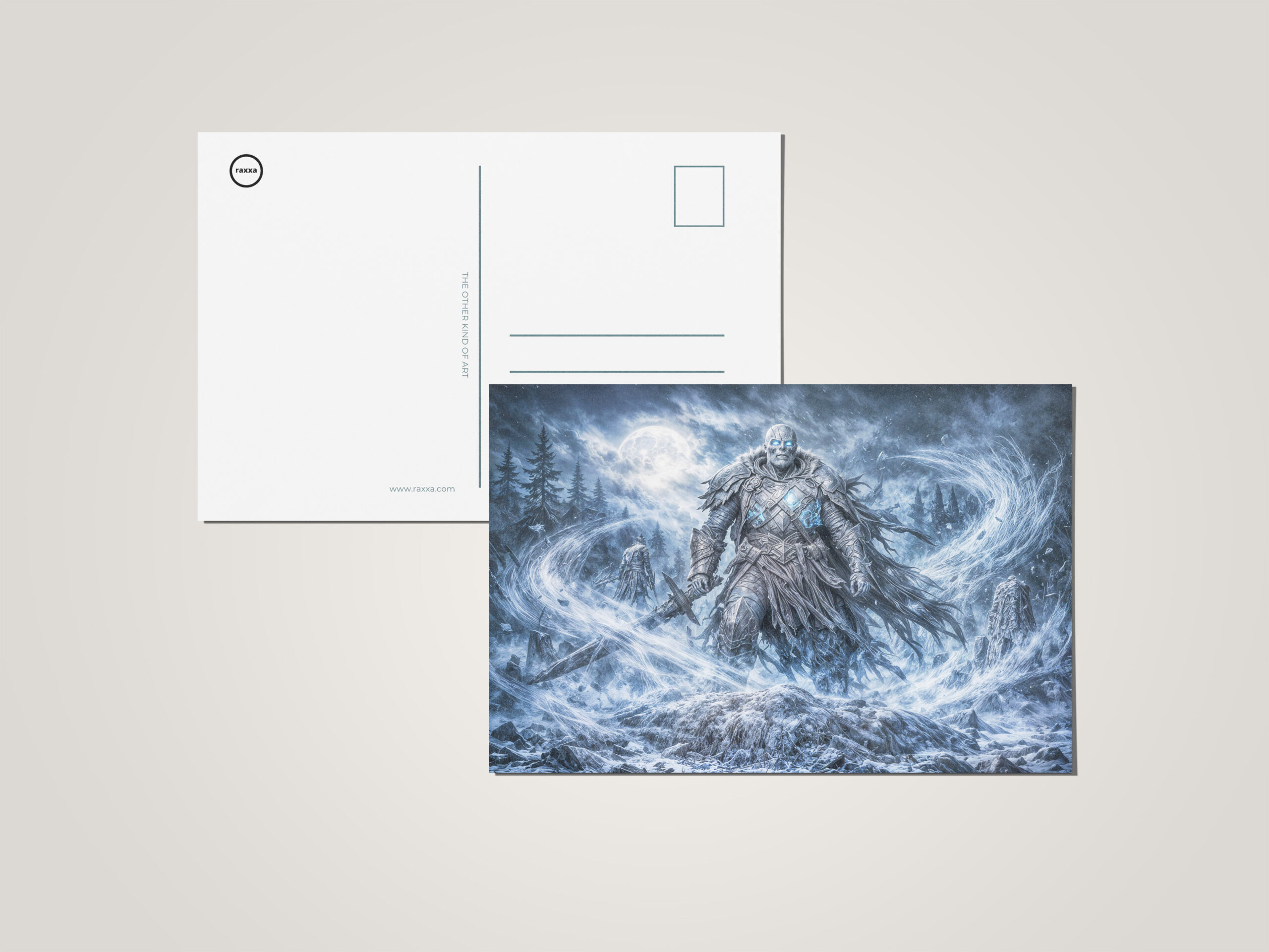 raxxa Postkarte: Dynamic Undead Warrior in Dark Fantasy Atmosphere