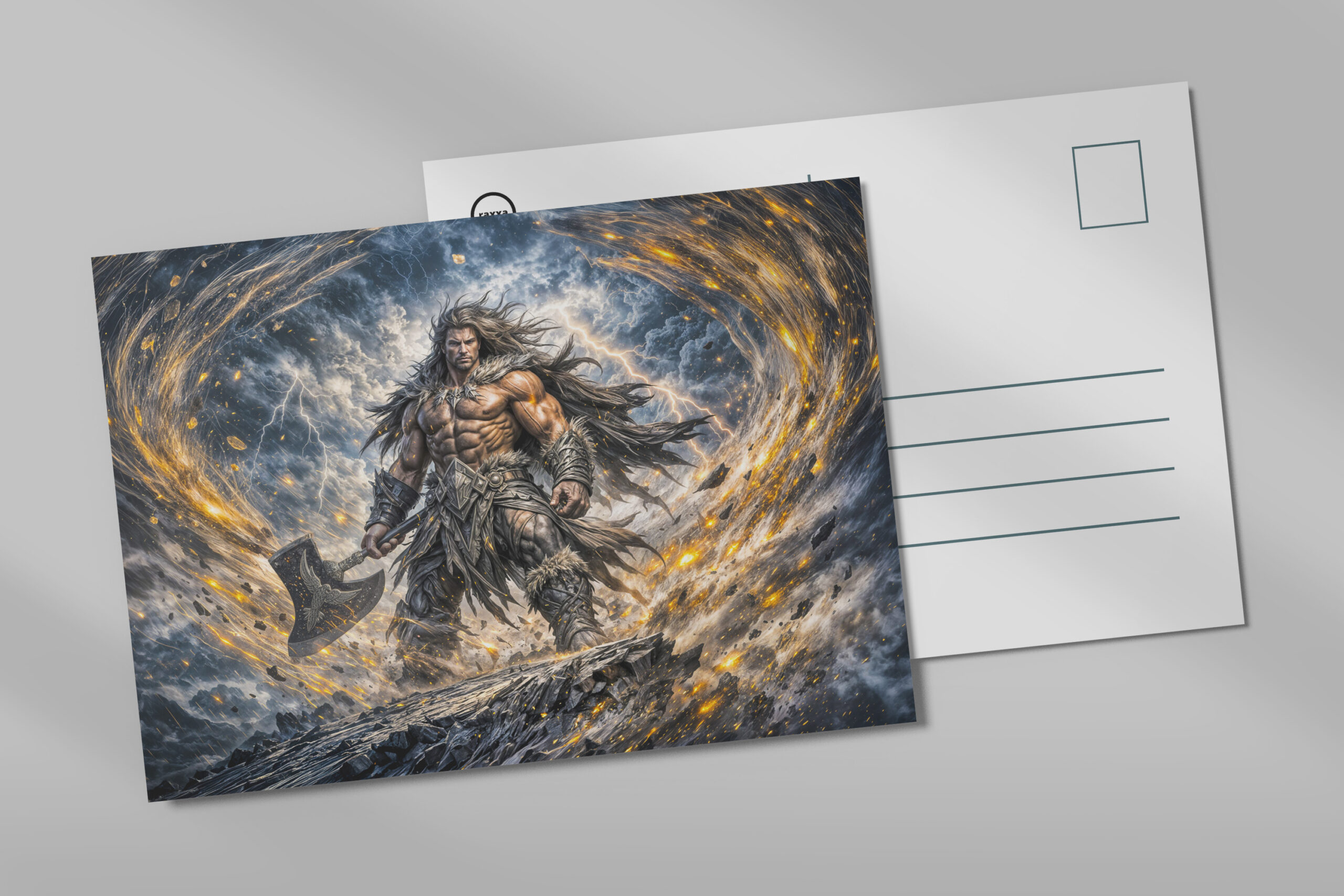 raxxa Postkarte: Dynamic Fantasy Berserker Warrior with Powerful Battle Axe
