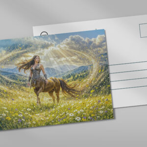 raxxa Postkarte: Dynamic Fantasy Centauride in Radiant Magical Landscape