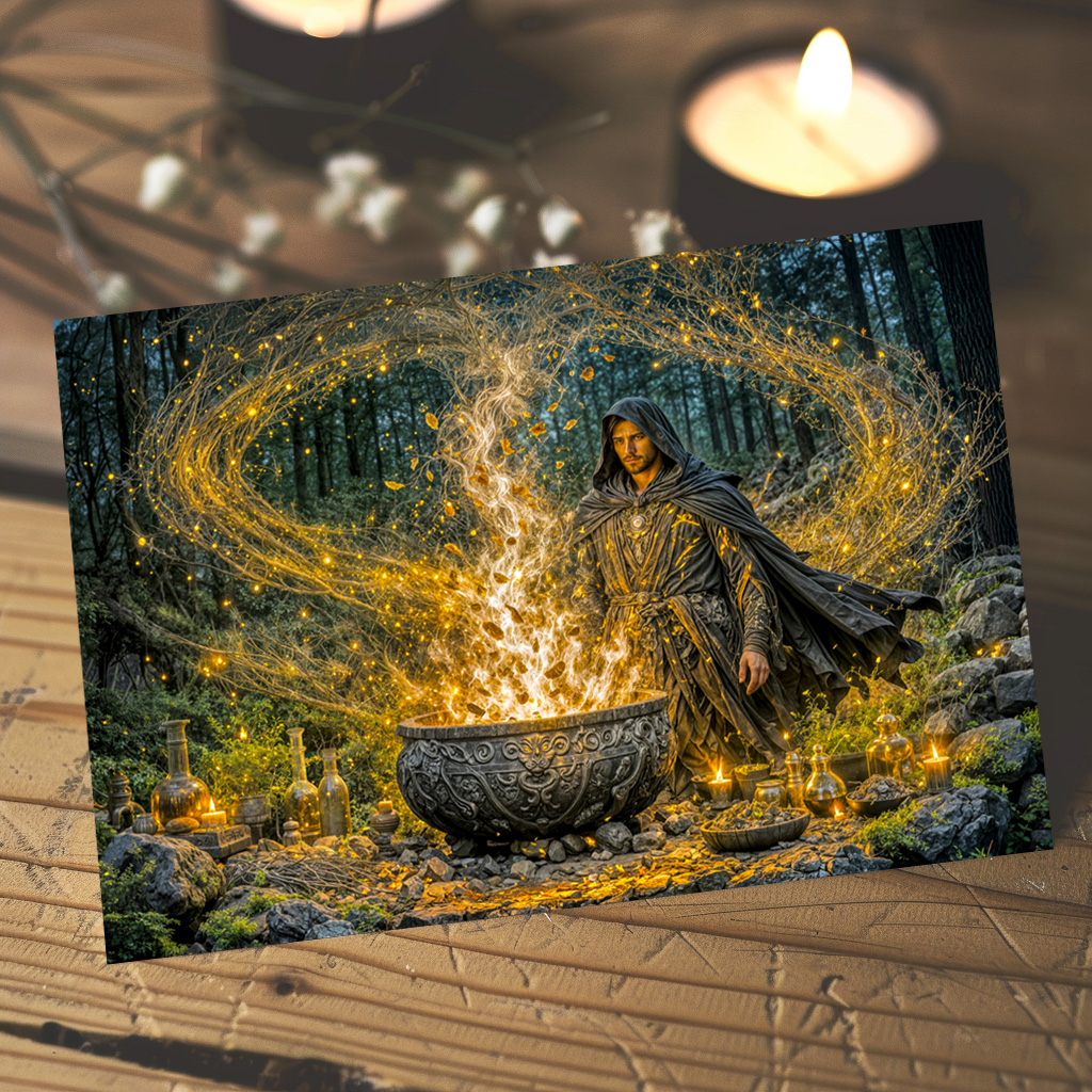 raxxa Postkarte: Dynamic Fantasy Wizard with Glowing Magical Cauldron