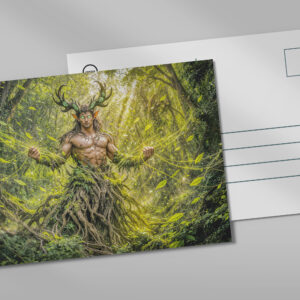 raxxa Postkarte: Dynamic Fantasy Faun in Enchanted Forest Atmosphere