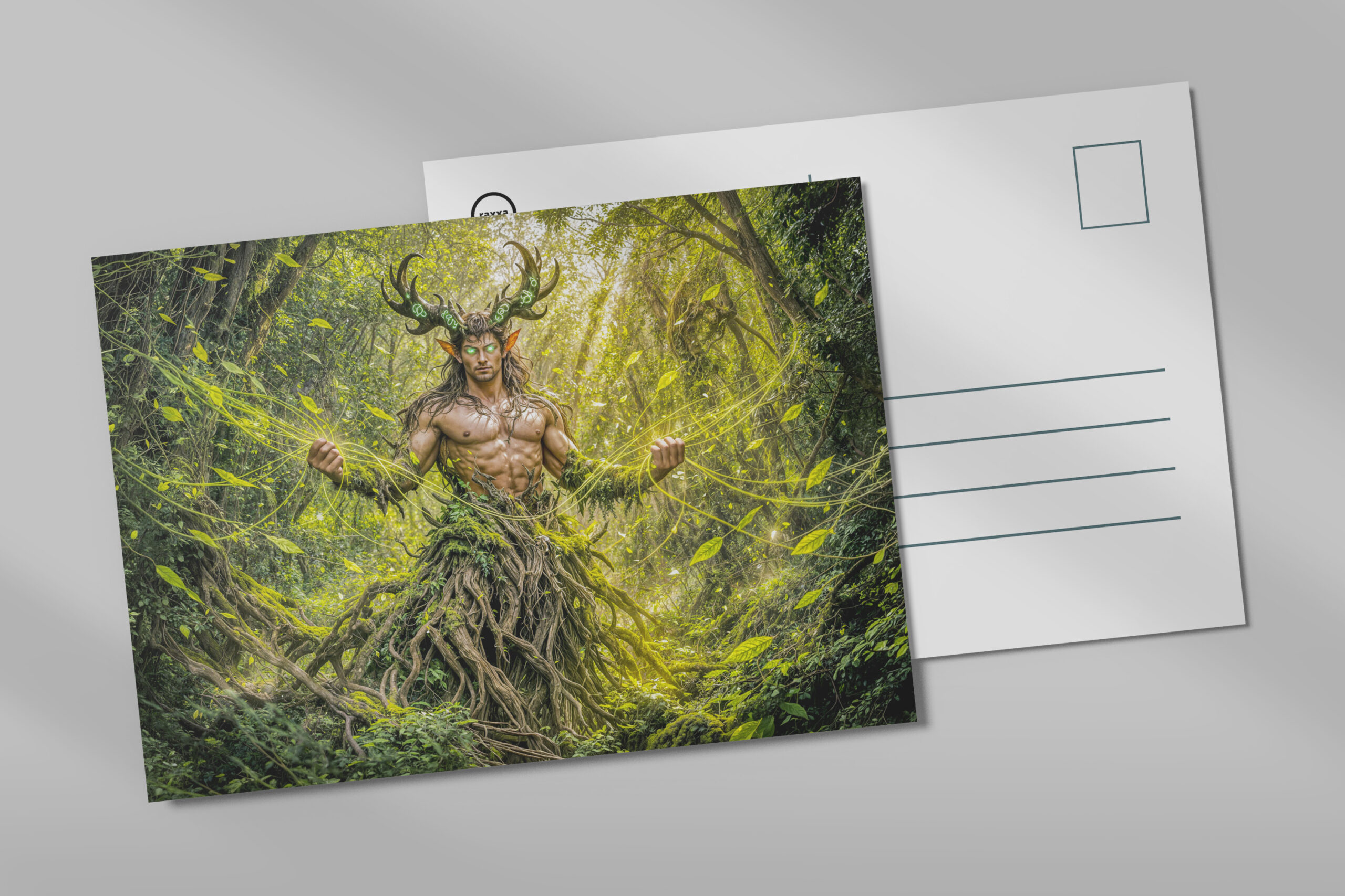 raxxa Postkarte: Dynamic Fantasy Faun in Enchanted Forest Atmosphere