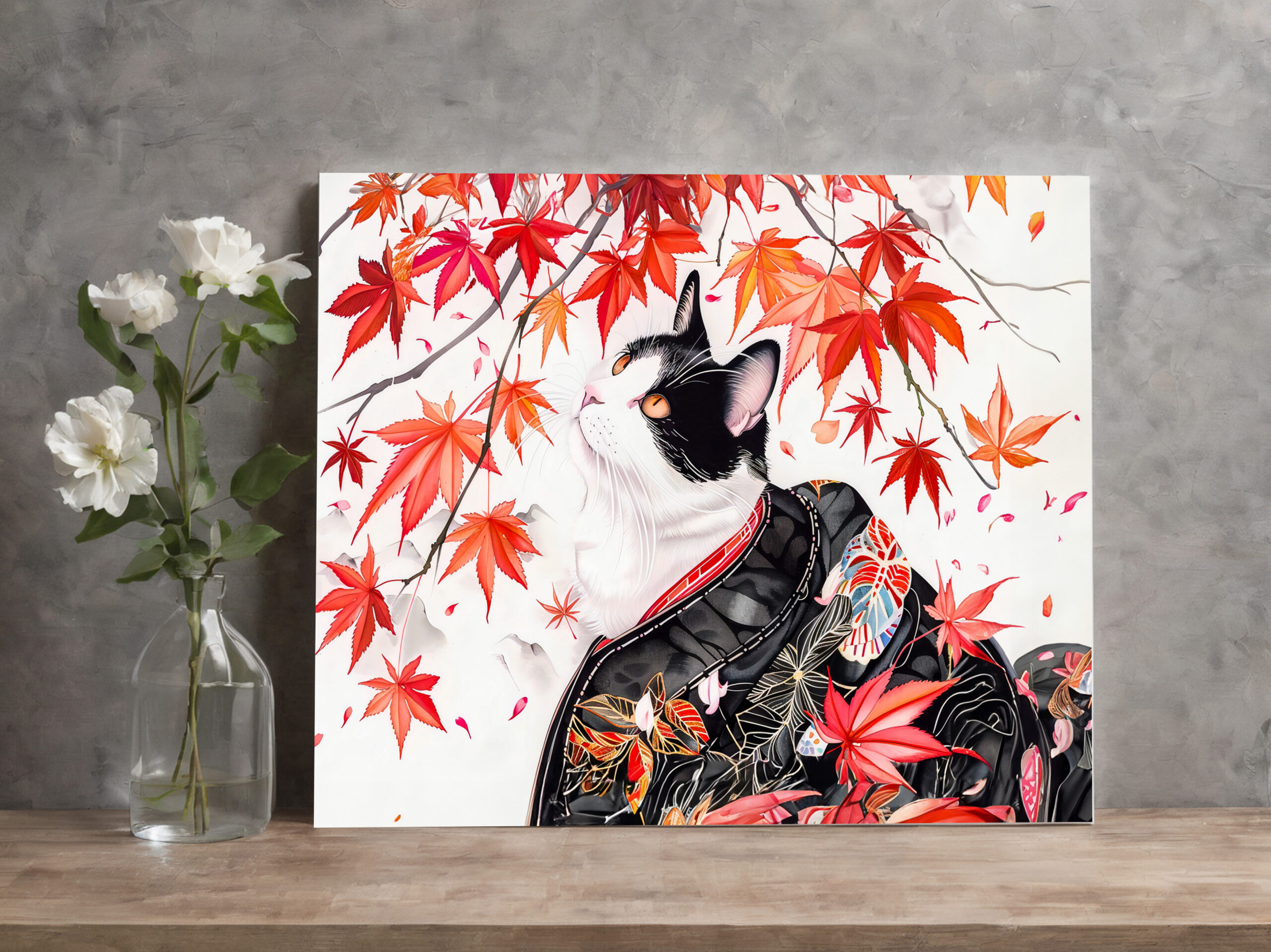 raxxa Canva: Curious Kitten in Autumn Leaves in Chinese Ink Painting Style - Imagen 2