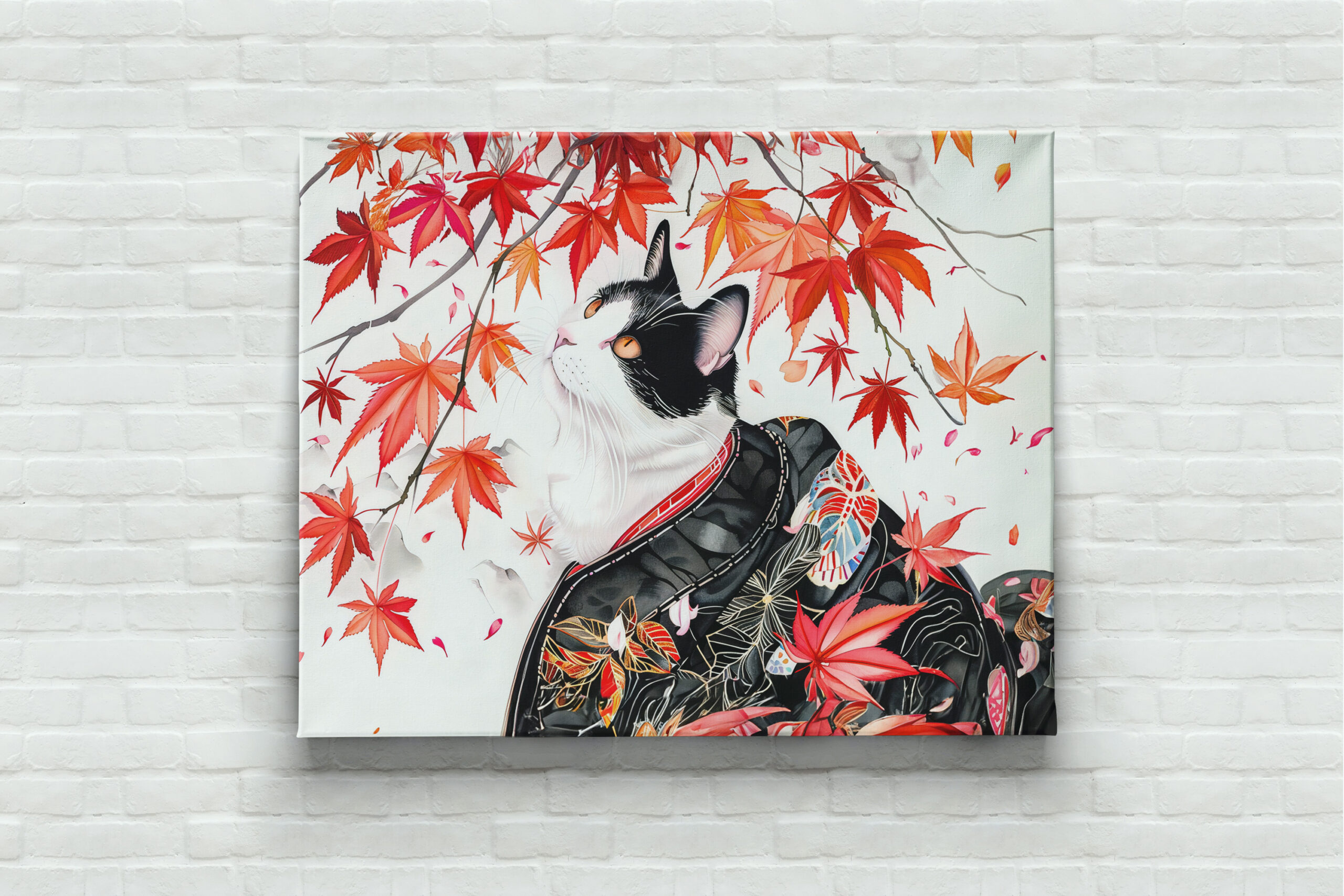 raxxa Canva: Curious Kitten in Autumn Leaves in Chinese Ink Painting Style - Imagen 3