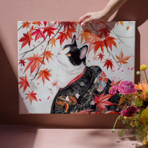 raxxa Canva: Curious Kitten in Autumn Leaves in Chinese Ink Painting Style