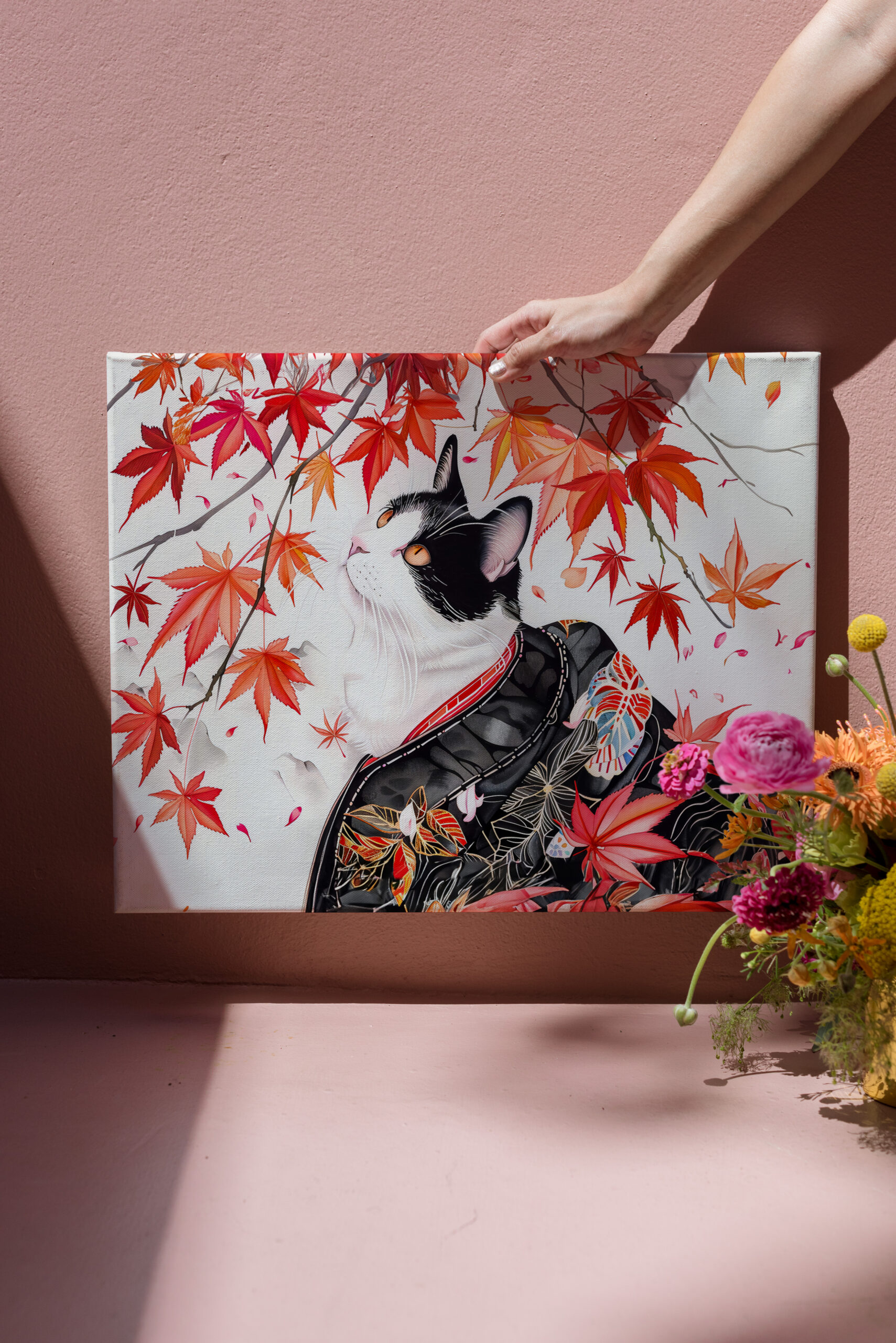 raxxa Canva: Curious Kitten in Autumn Leaves in Chinese Ink Painting Style