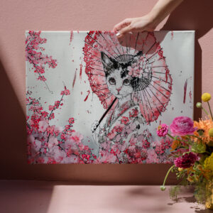 raxxa Canva: Serene Geisha Cat with Red Parasol and Cherry Blossoms in Chinese Ink Painting Style