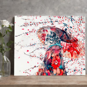 raxxa Canva: Majestic Geisha Cat Among Cherry Blossoms in Chinese Ink Painting