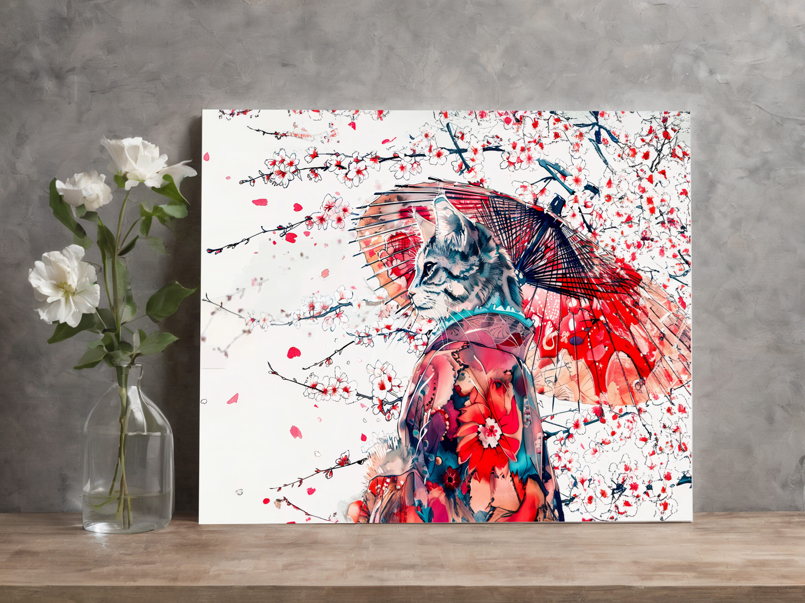 raxxa Canva: Majestic Geisha Cat Among Cherry Blossoms in Chinese Ink Painting