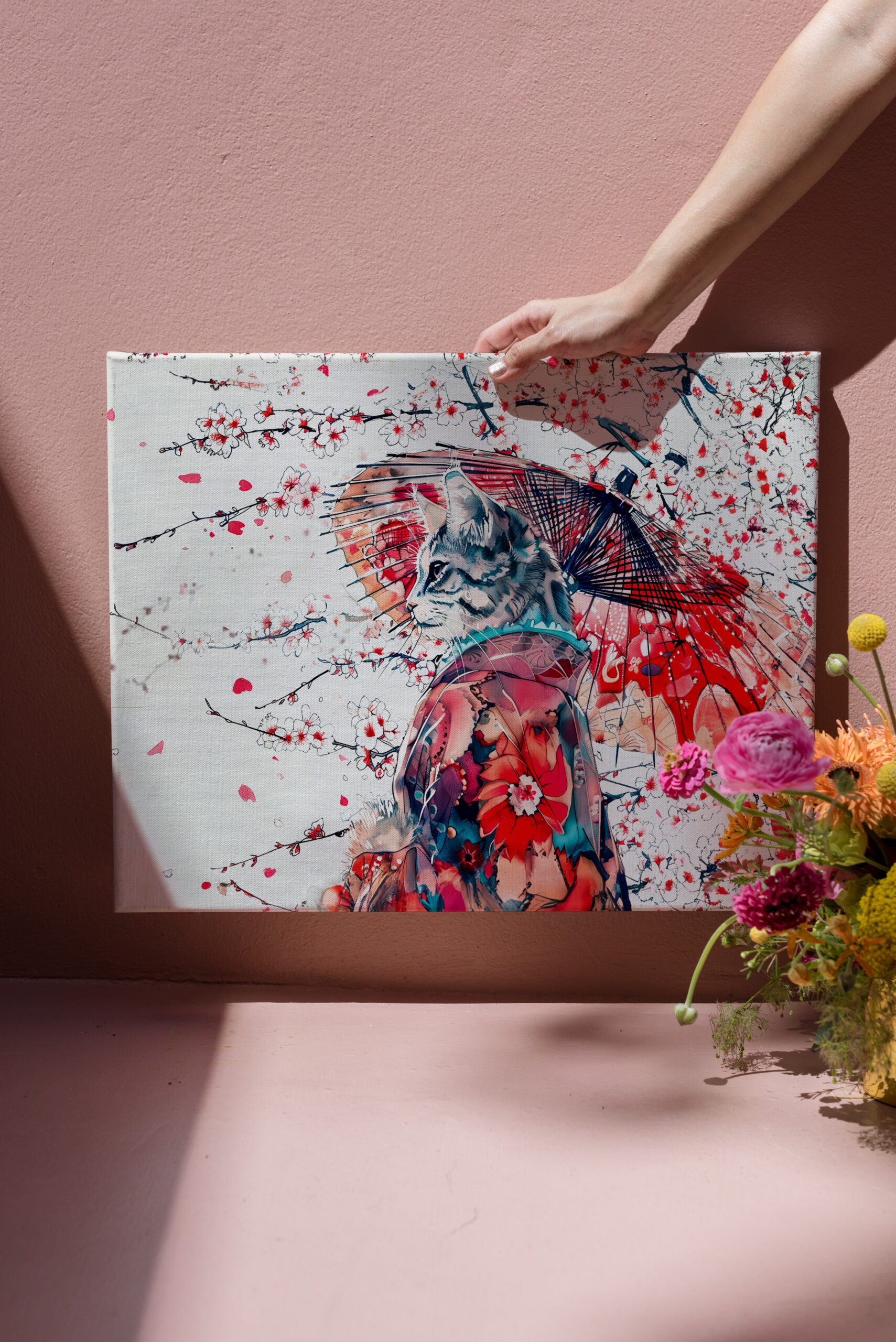 raxxa Canva: Majestic Geisha Cat Among Cherry Blossoms in Chinese Ink Painting - Image 3