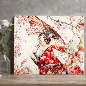 raxxa Canva: Serene Geisha Cat in Red Kimono and Cherry Blossoms, Chinese Ink Painting