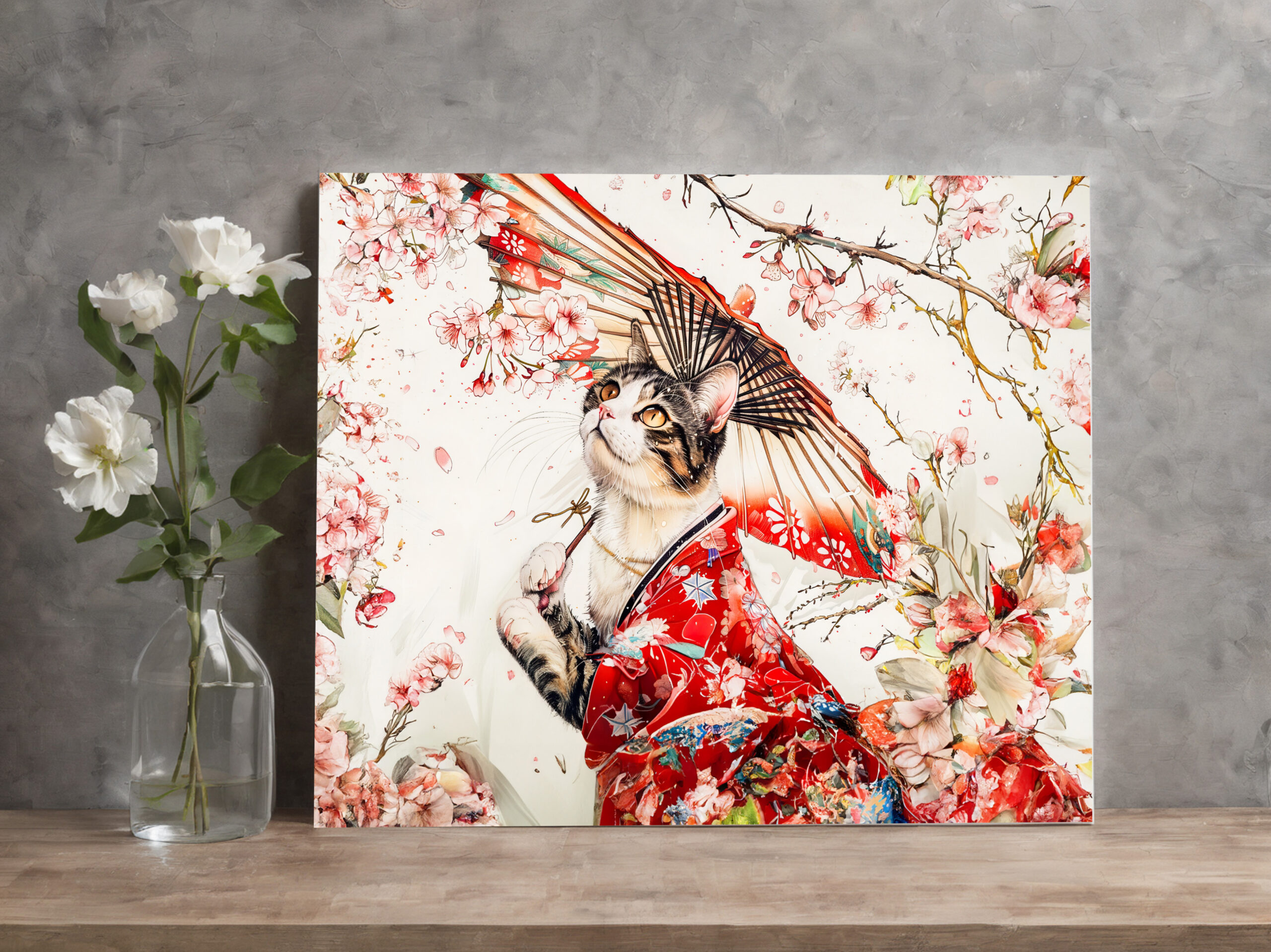 raxxa Canva: Serene Geisha Cat in Red Kimono and Cherry Blossoms, Chinese Ink Painting