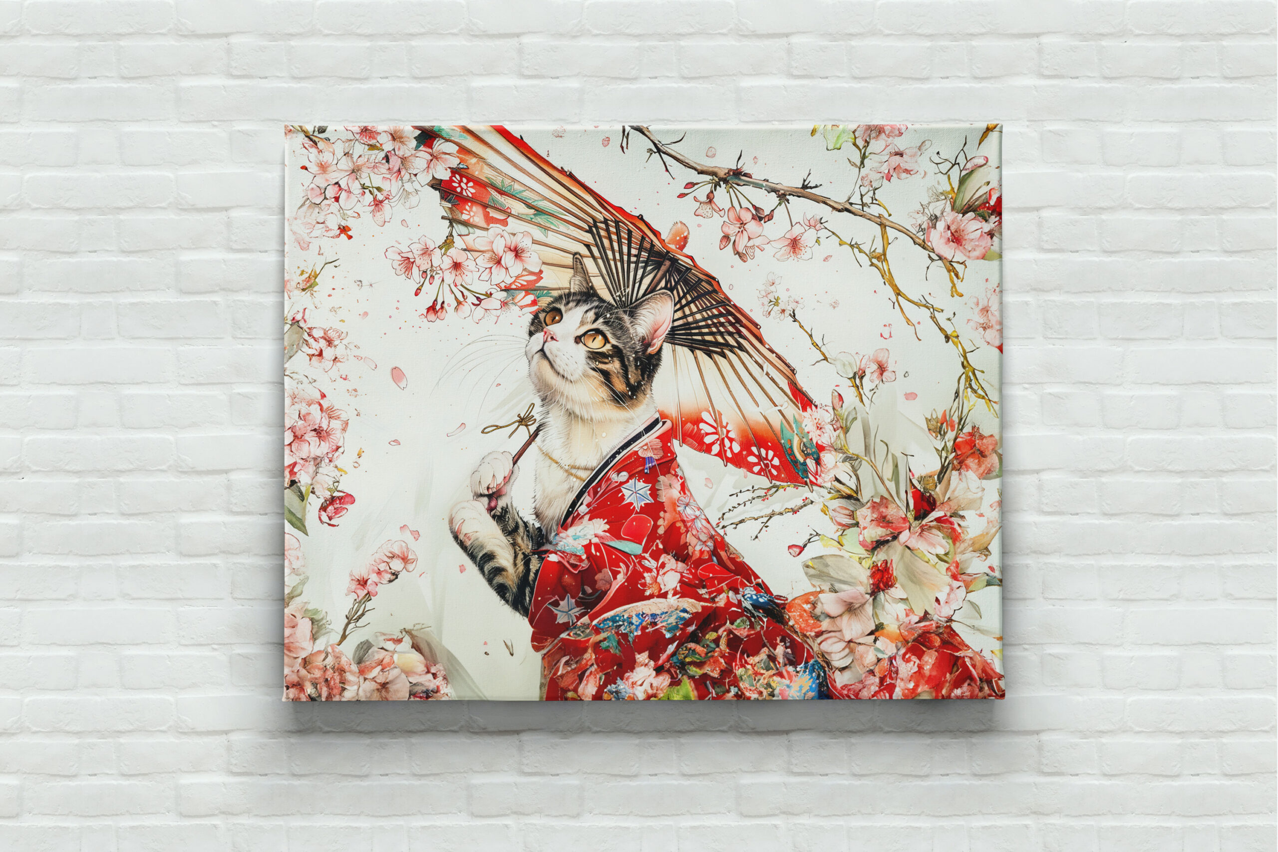 raxxa Canva: Serene Geisha Cat in Red Kimono and Cherry Blossoms, Chinese Ink Painting – Bild 2