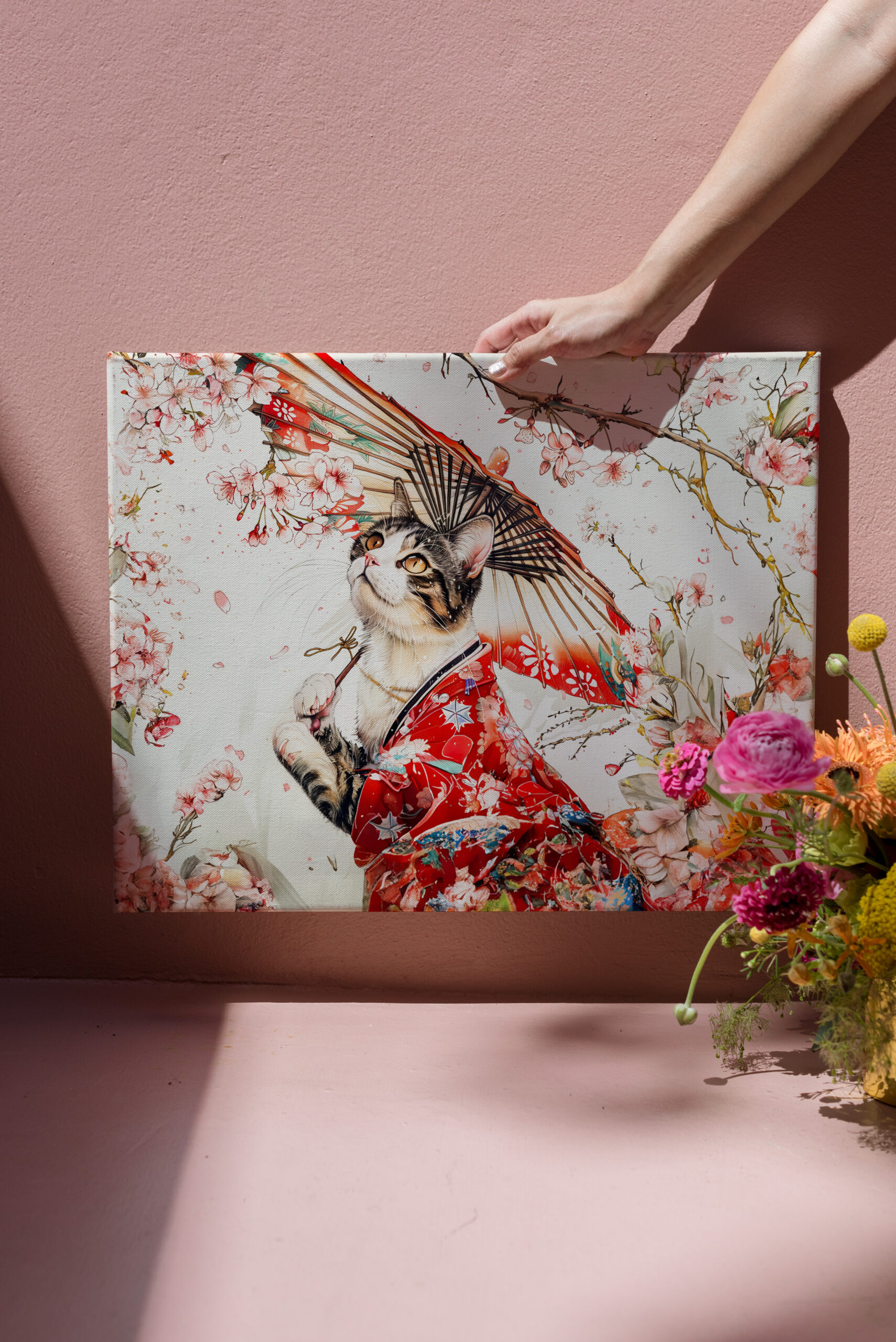 raxxa Canva: Serene Geisha Cat in Red Kimono and Cherry Blossoms, Chinese Ink Painting – Bild 3