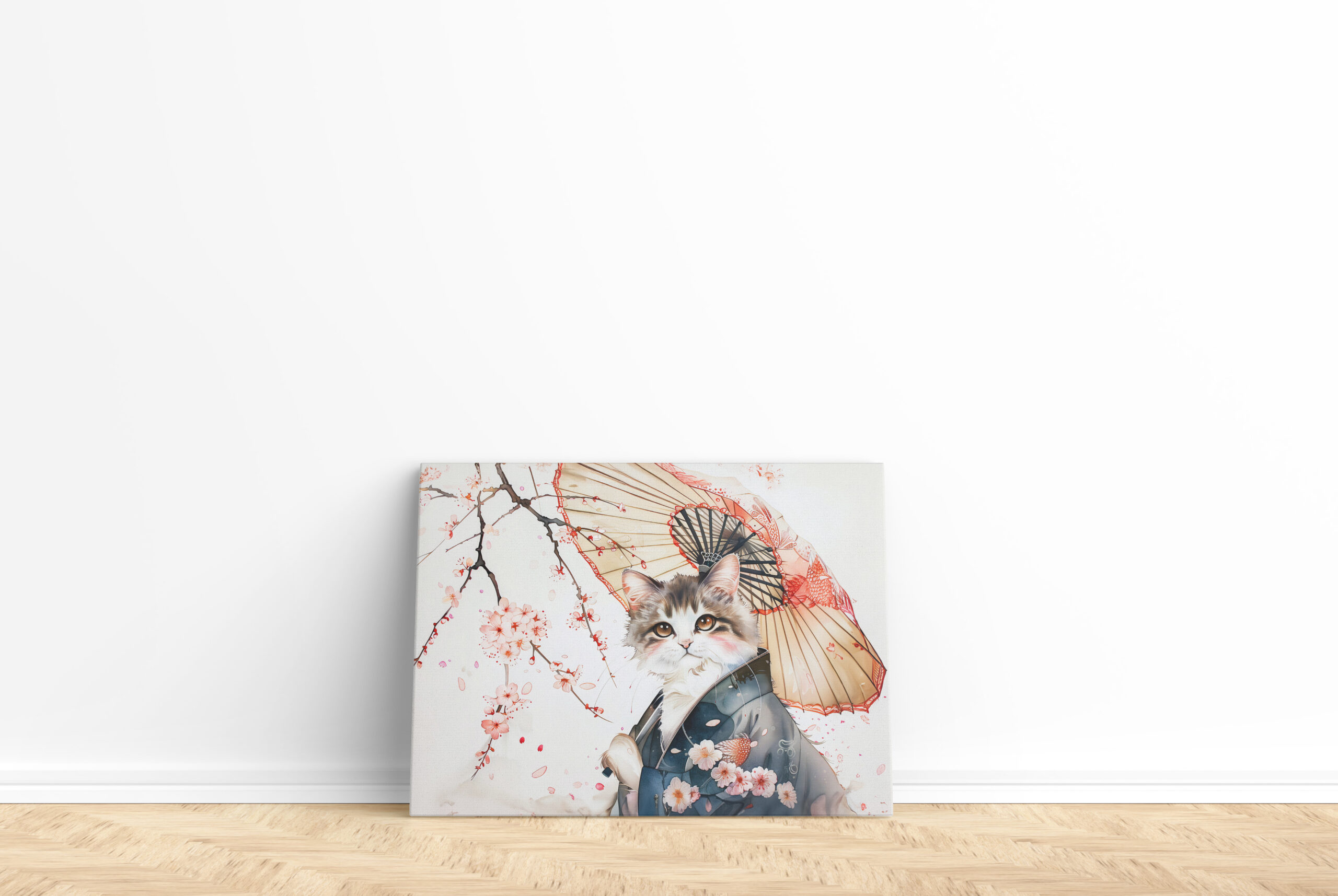raxxa Canva: Noble Geisha Cat with Bamboo Umbrella in Chinese Ink Painting – Image 2