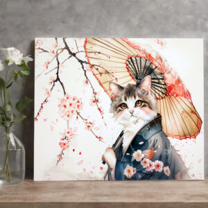 raxxa Canva: Noble Geisha Cat with Bamboo Umbrella in Chinese Ink Painting