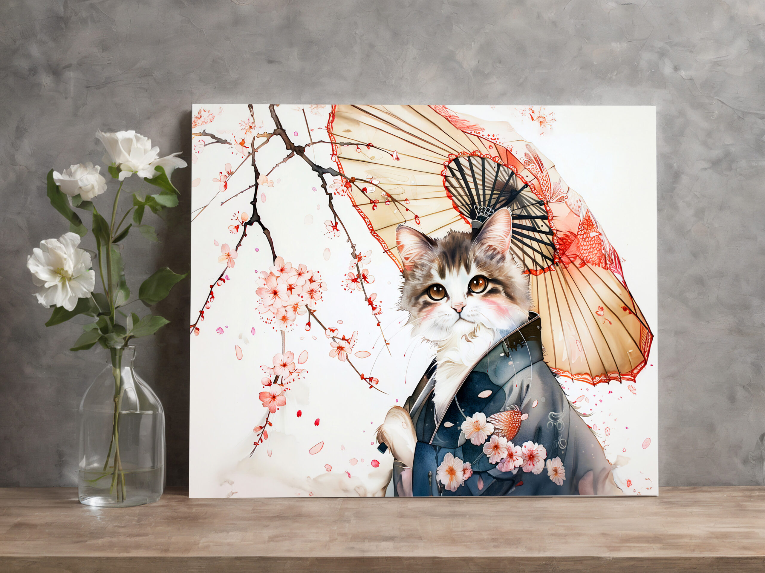raxxa Canva: Noble Geisha Cat with Bamboo Umbrella in Chinese Ink Painting