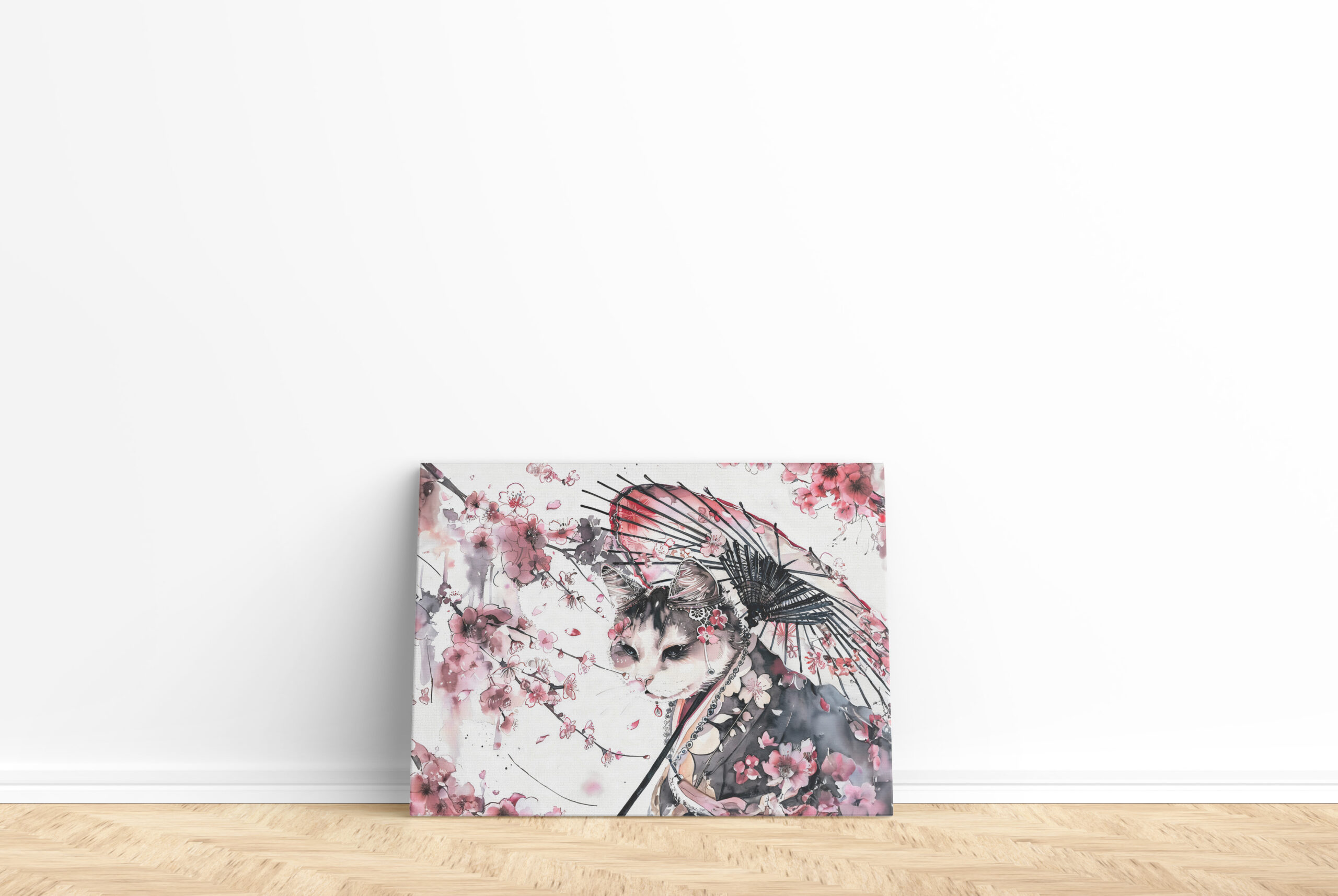 raxxa Canva: Geisha Cat with Parasol and Cherry Blossoms in Chinese Ink Painting - Imagen 2