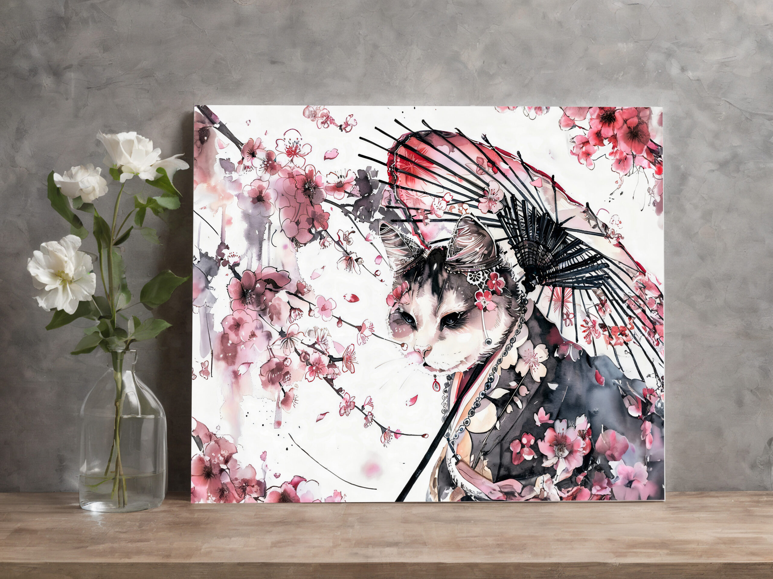 raxxa Canva: Geisha Cat with Parasol and Cherry Blossoms in Chinese Ink Painting - Imagen 3