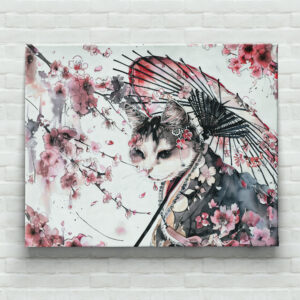 raxxa Canva: Geisha Cat with Parasol and Cherry Blossoms in Chinese Ink Painting