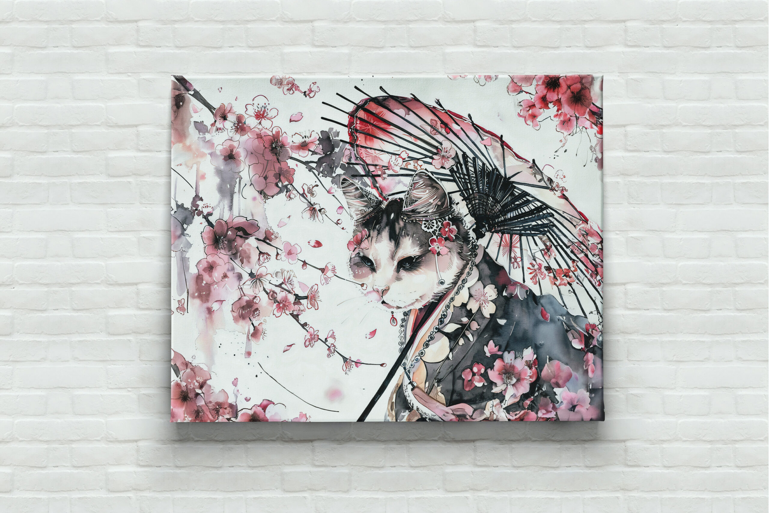 raxxa Canva: Geisha Cat with Parasol and Cherry Blossoms in Chinese Ink Painting