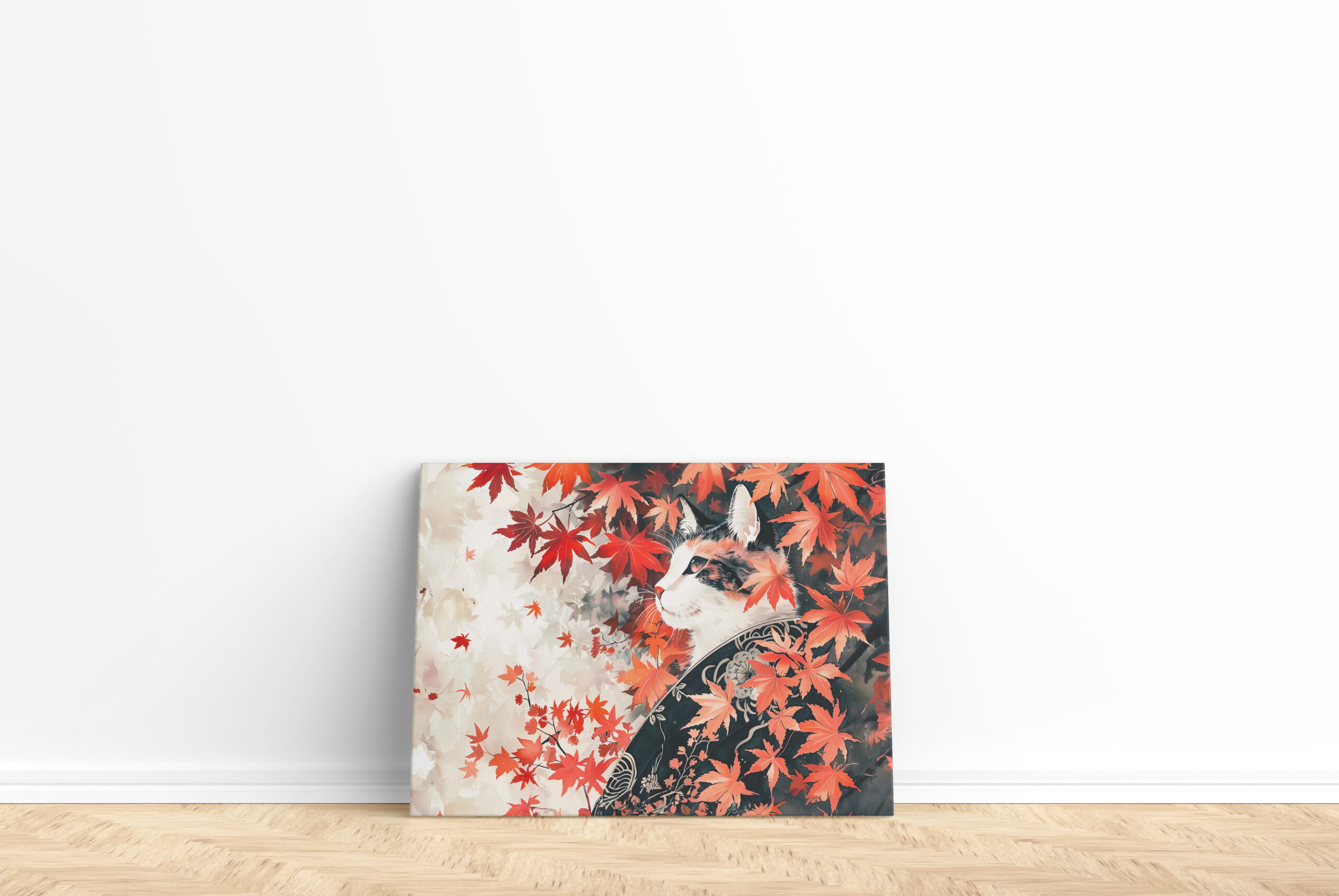 raxxa Canva: Black and White Geisha Cat Under Red Maple Leaves in Chinese Ink Painting Style – Bild 2