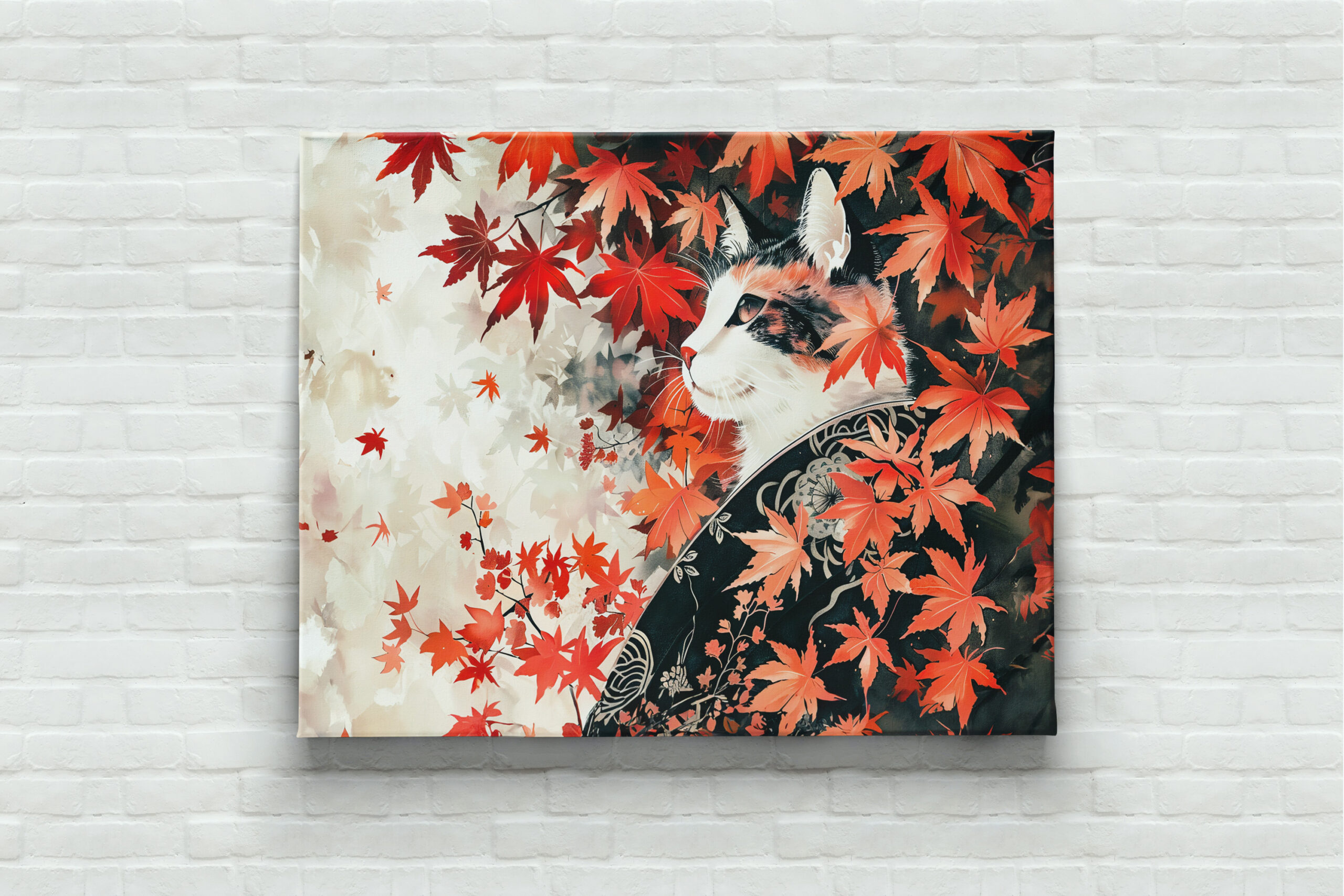raxxa Canva: Black and White Geisha Cat Under Red Maple Leaves in Chinese Ink Painting Style – Bild 3
