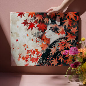 raxxa Canva: Black and White Geisha Cat Under Red Maple Leaves in Chinese Ink Painting Style