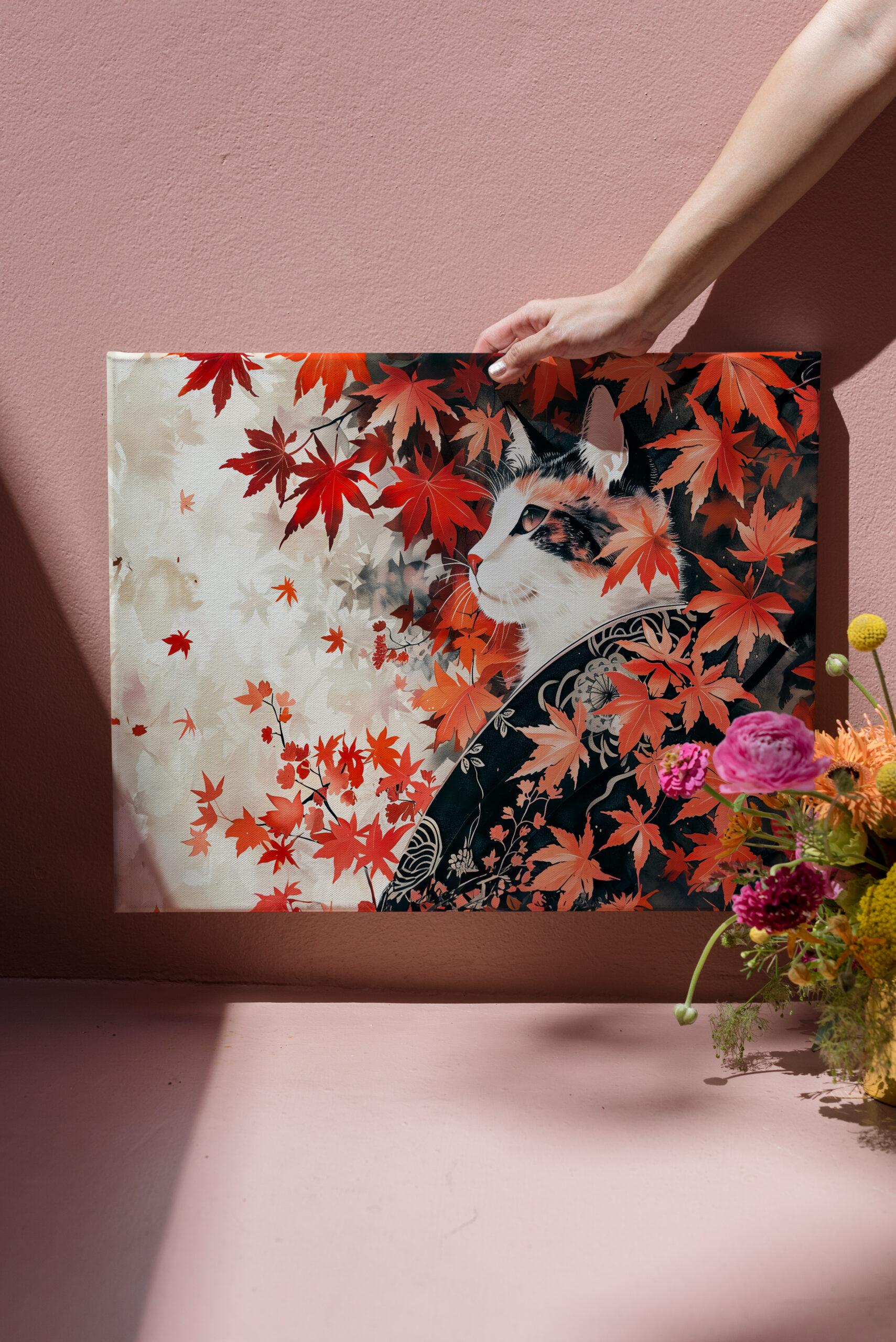 raxxa Canva: Black and White Geisha Cat Under Red Maple Leaves in Chinese Ink Painting Style