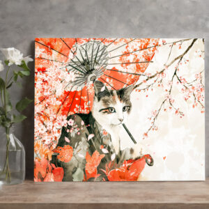 raxxa Canva: Geisha Cat with Parasol and Cherry Blossoms in Chinese Ink Painting