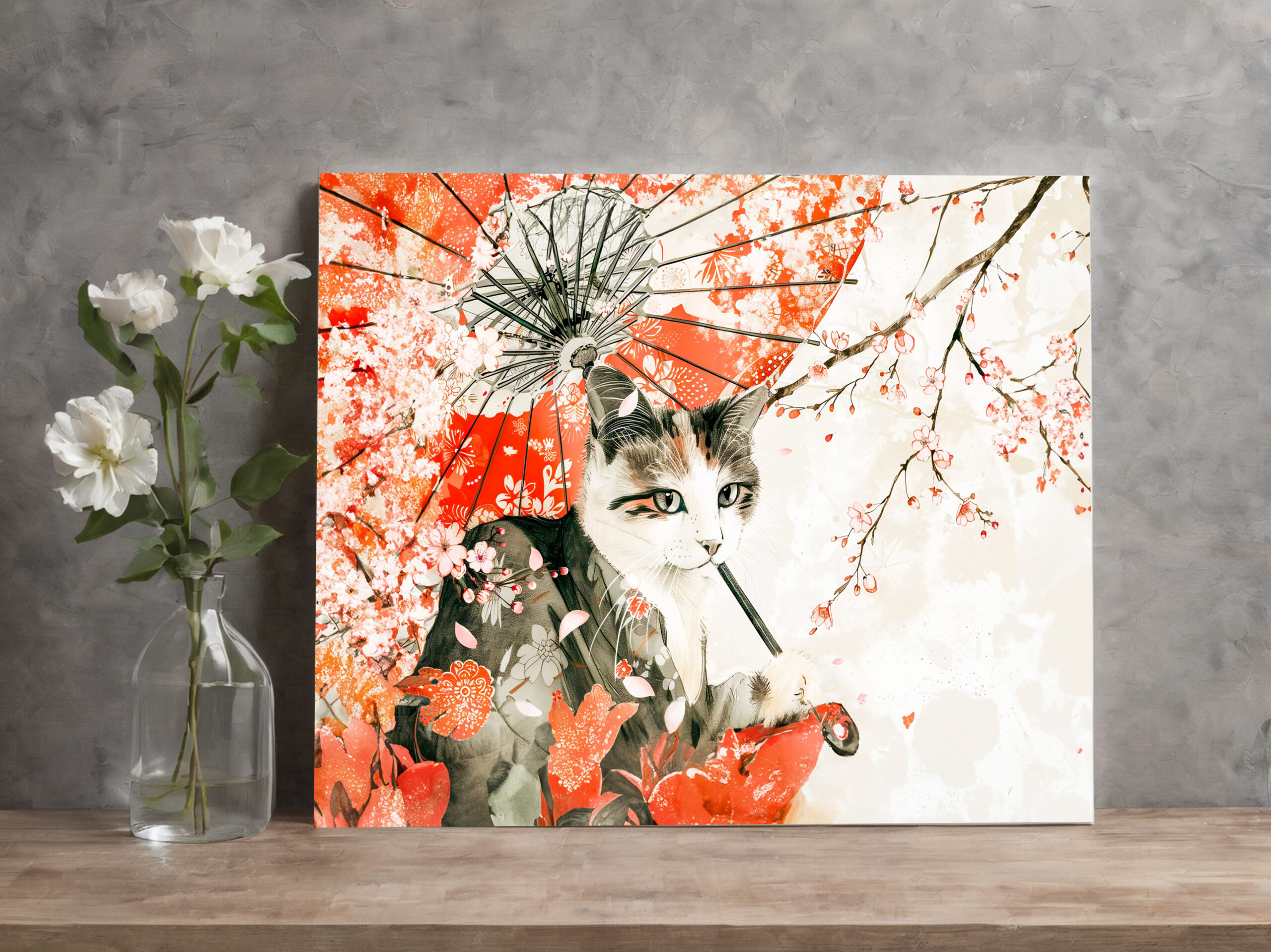 raxxa Canva: Geisha Cat with Parasol and Cherry Blossoms in Chinese Ink Painting