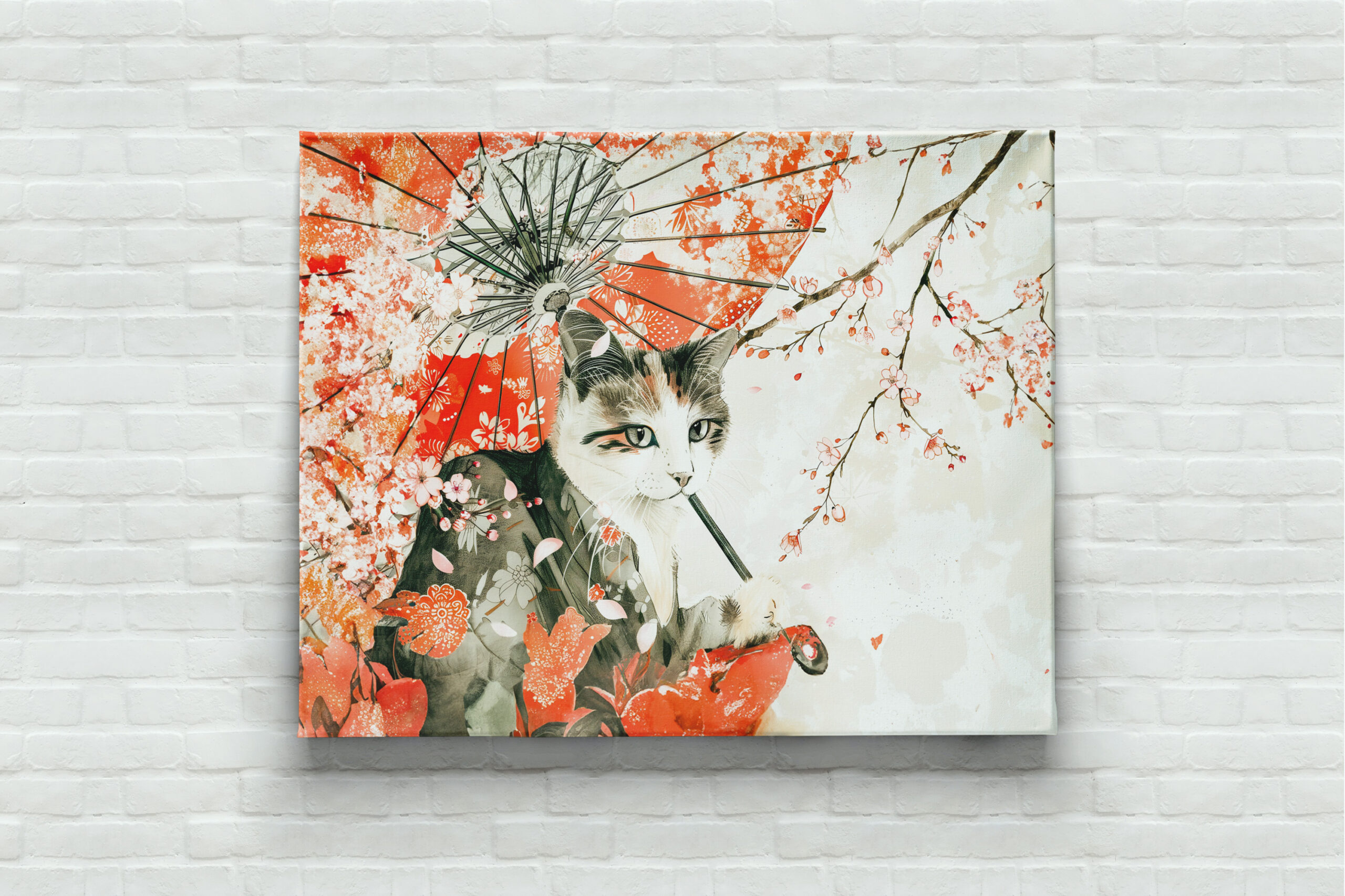 raxxa Canva: Geisha Cat with Parasol and Cherry Blossoms in Chinese Ink Painting - immagine 2