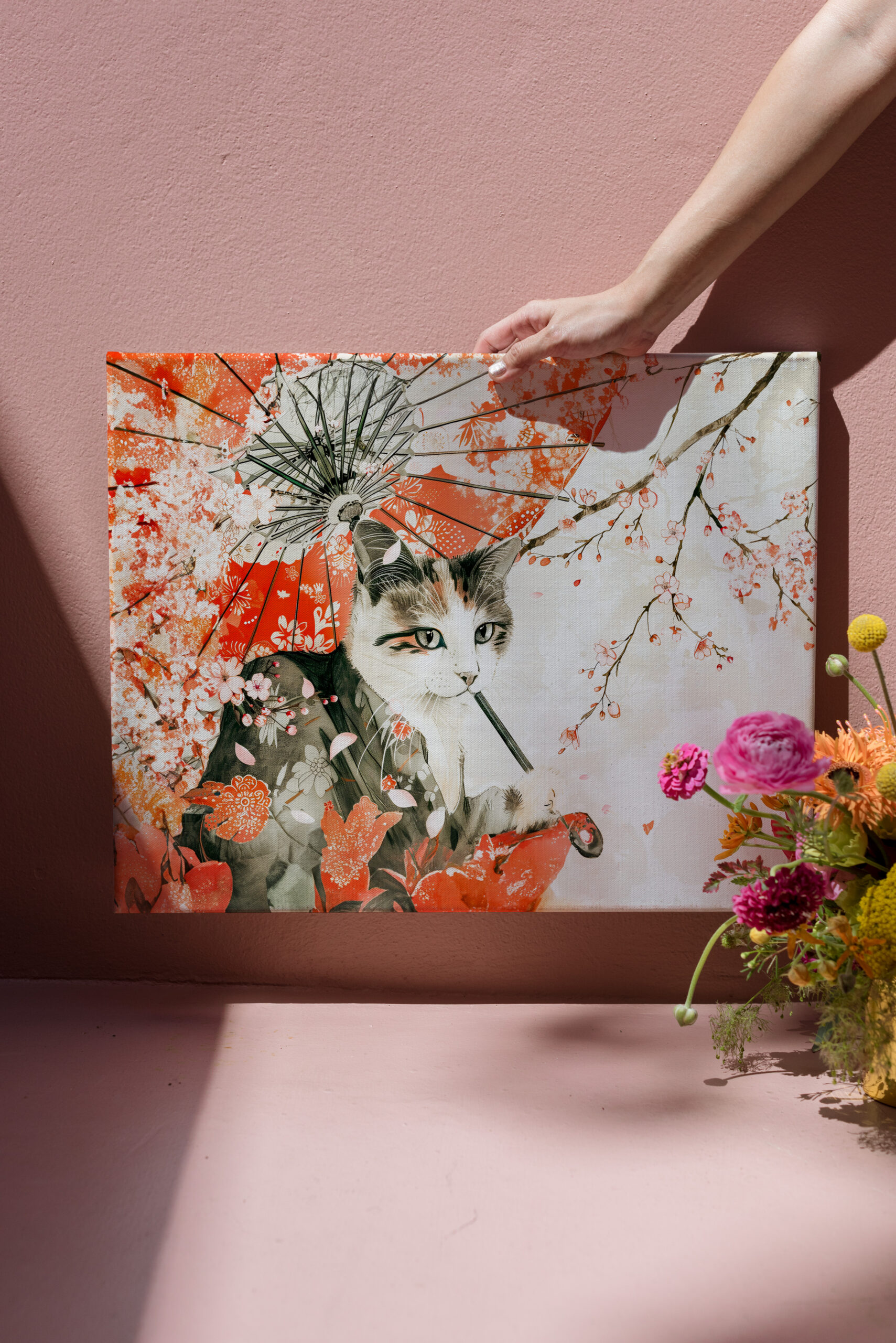 raxxa Canva: Geisha Cat with Parasol and Cherry Blossoms in Chinese Ink Painting - immagine 3