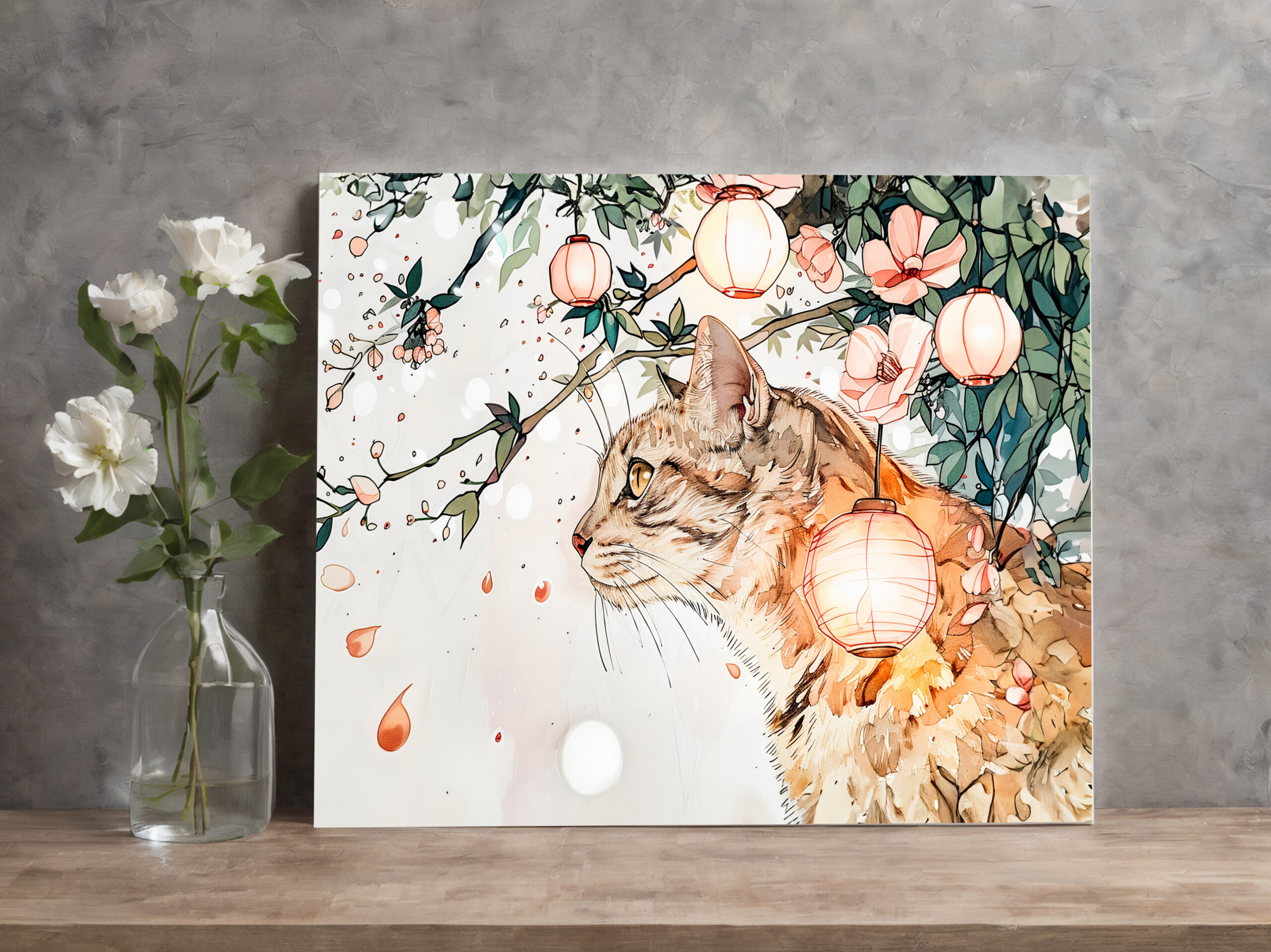raxxa Canva: Tabby Geisha Cat Among Glowing Lanterns in Chinese Ink Painting Style – Image 2