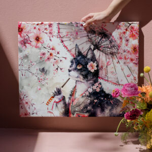 raxxa Canva: Geisha Cat with Parasol and Cherry Blossoms in Chinese Ink Painting