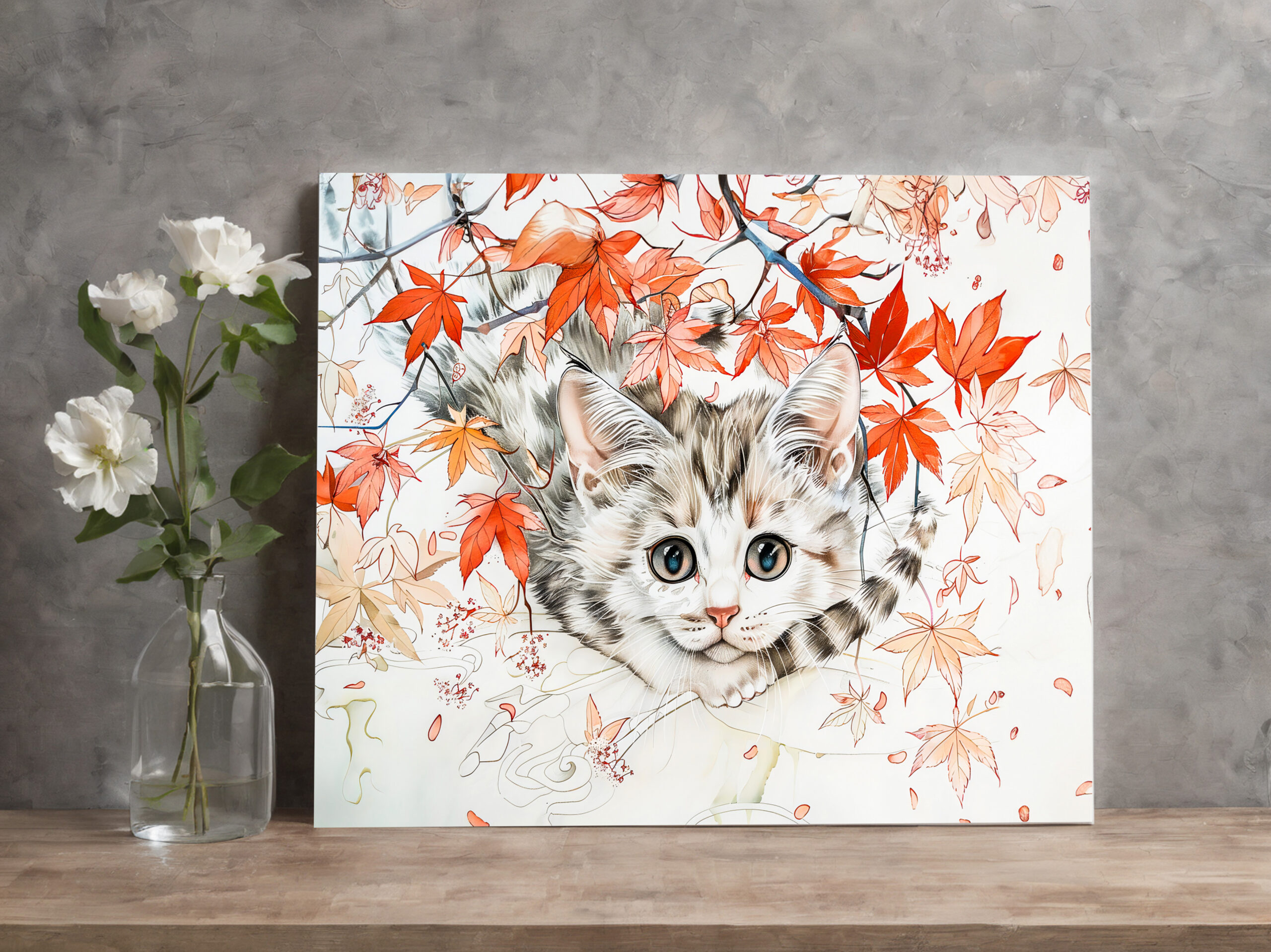 raxxa Canva: Curious Kitten in Autumn Leaves in Chinese Ink Painting Style – Bild 2