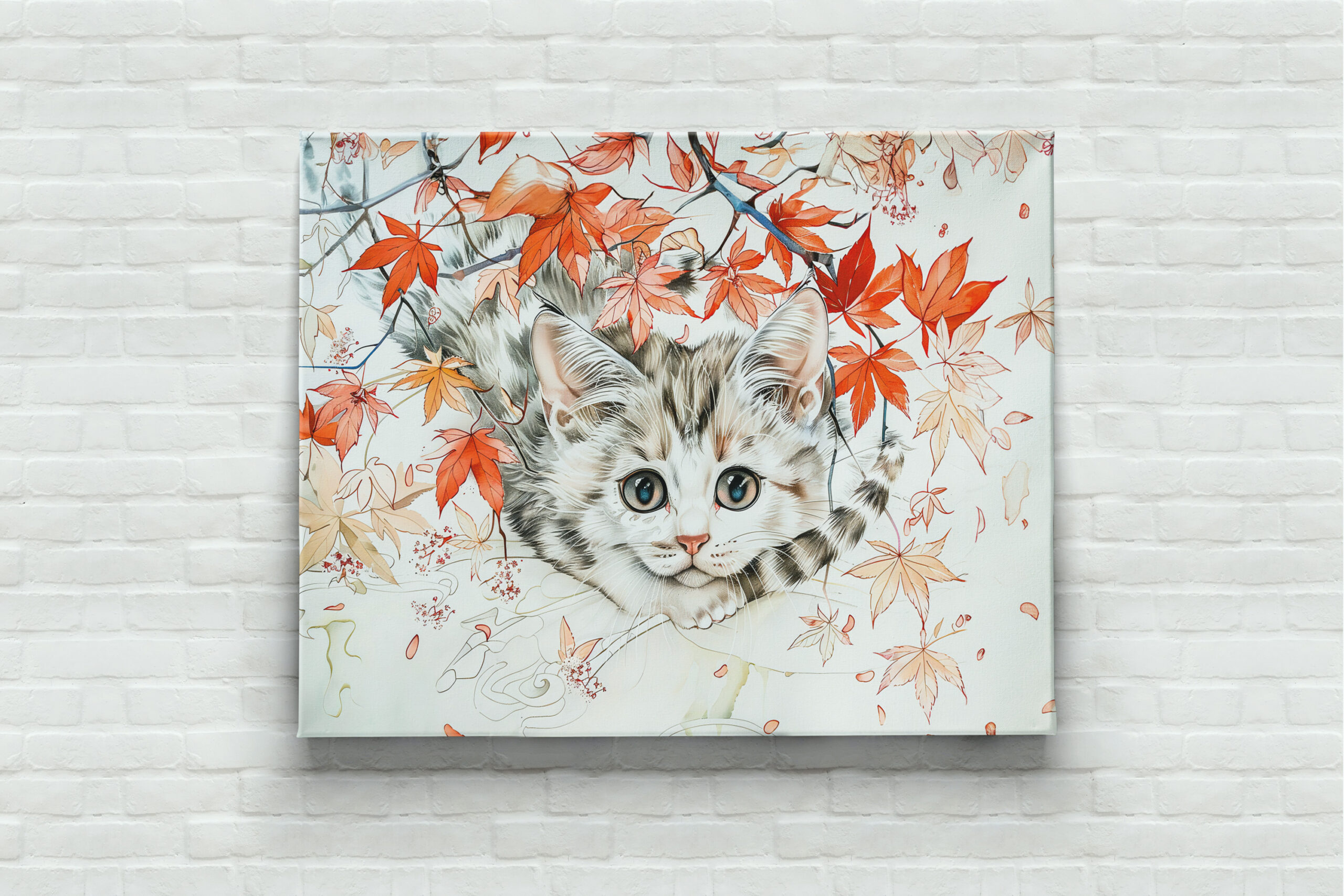raxxa Canva: Curious Kitten in Autumn Leaves in Chinese Ink Painting Style – Bild 3