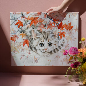 raxxa Canva: Curious Kitten in Autumn Leaves in Chinese Ink Painting Style
