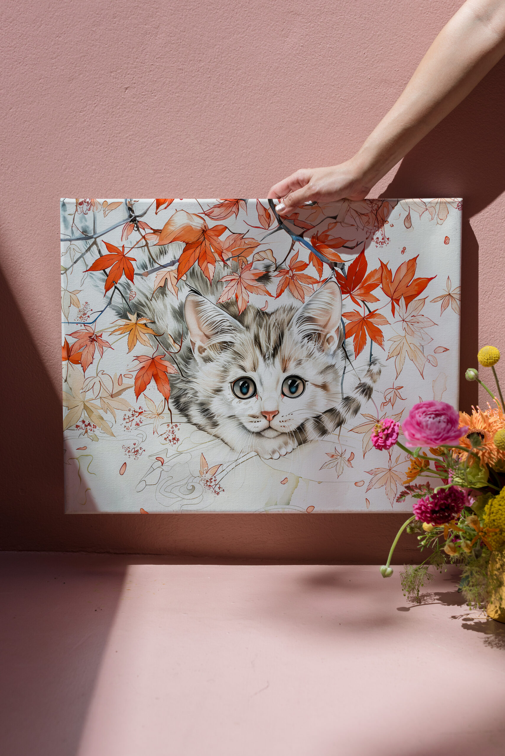 raxxa Canva: Curious Kitten in Autumn Leaves in Chinese Ink Painting Style