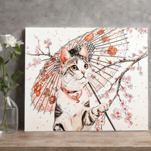 raxxa Canva: Graceful Geisha Cat with Ornate Parasol and Cherry Blossoms
