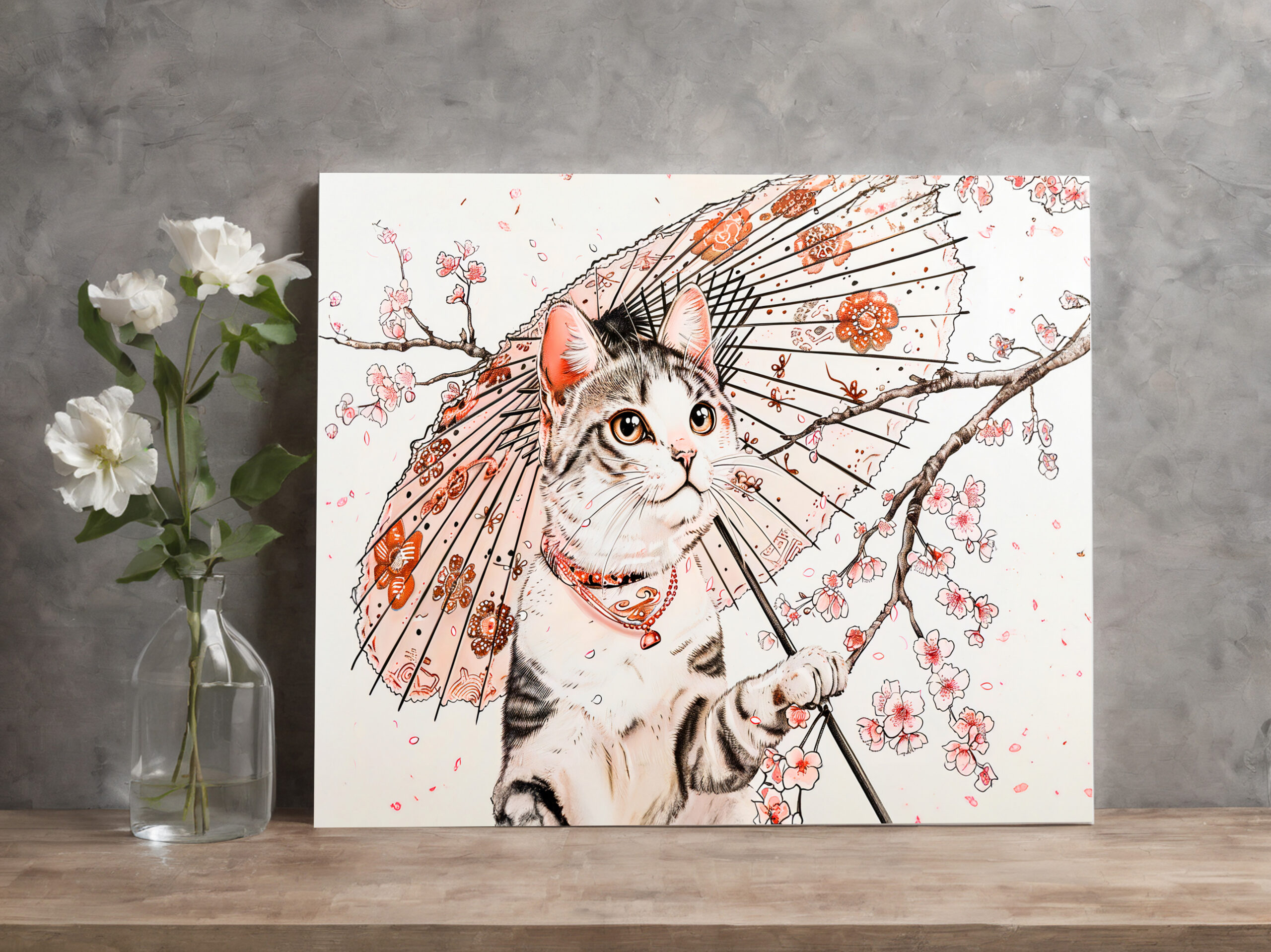raxxa Canva: Graceful Geisha Cat with Ornate Parasol and Cherry Blossoms