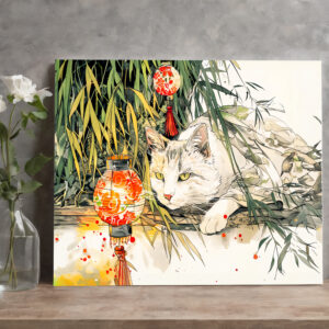 raxxa Canva: White Geisha Cat with in Bamboo Forest Chinese Ink Painting Style