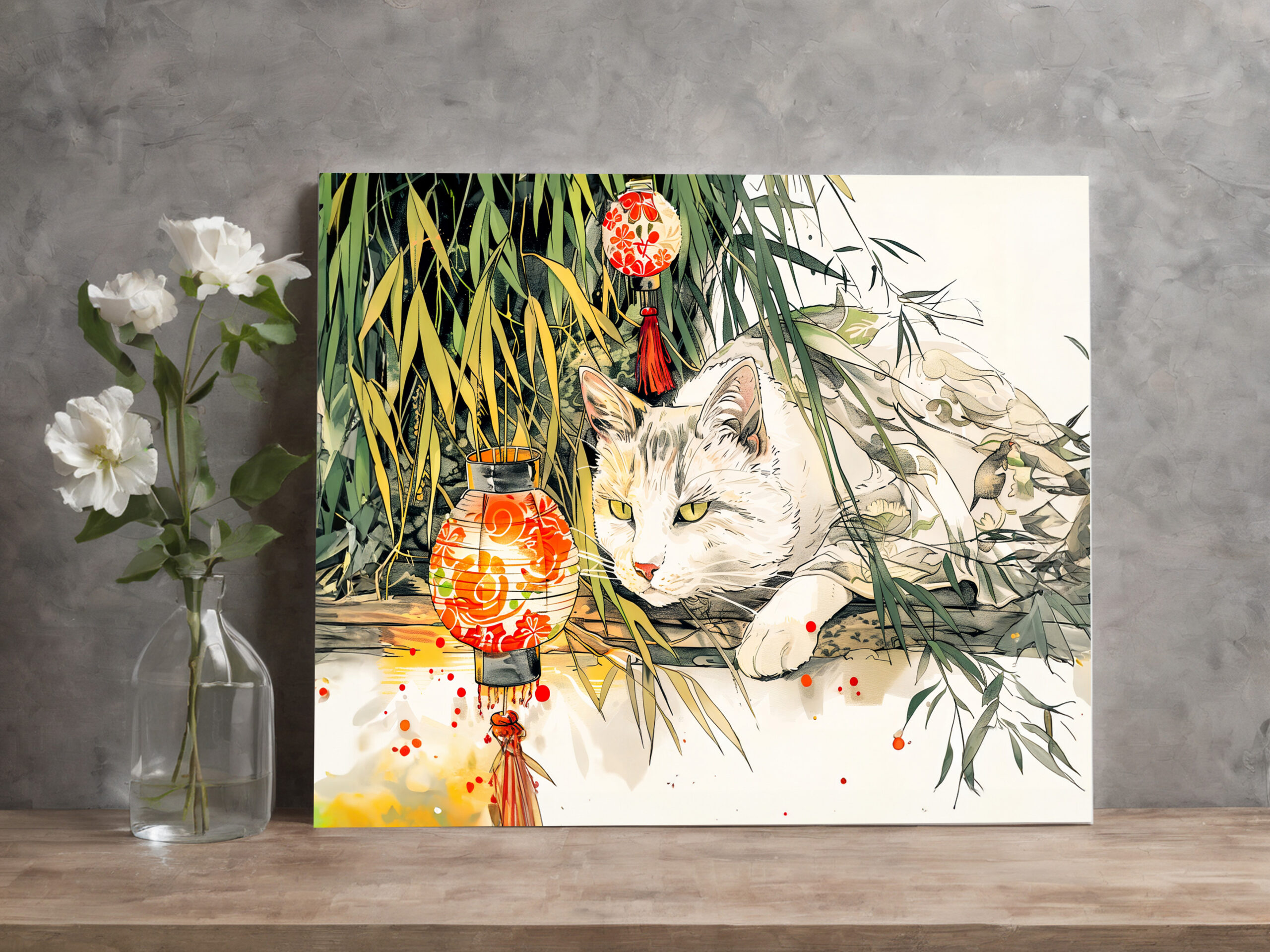 raxxa Canva: White Geisha Cat with in Bamboo Forest Chinese Ink Painting Style