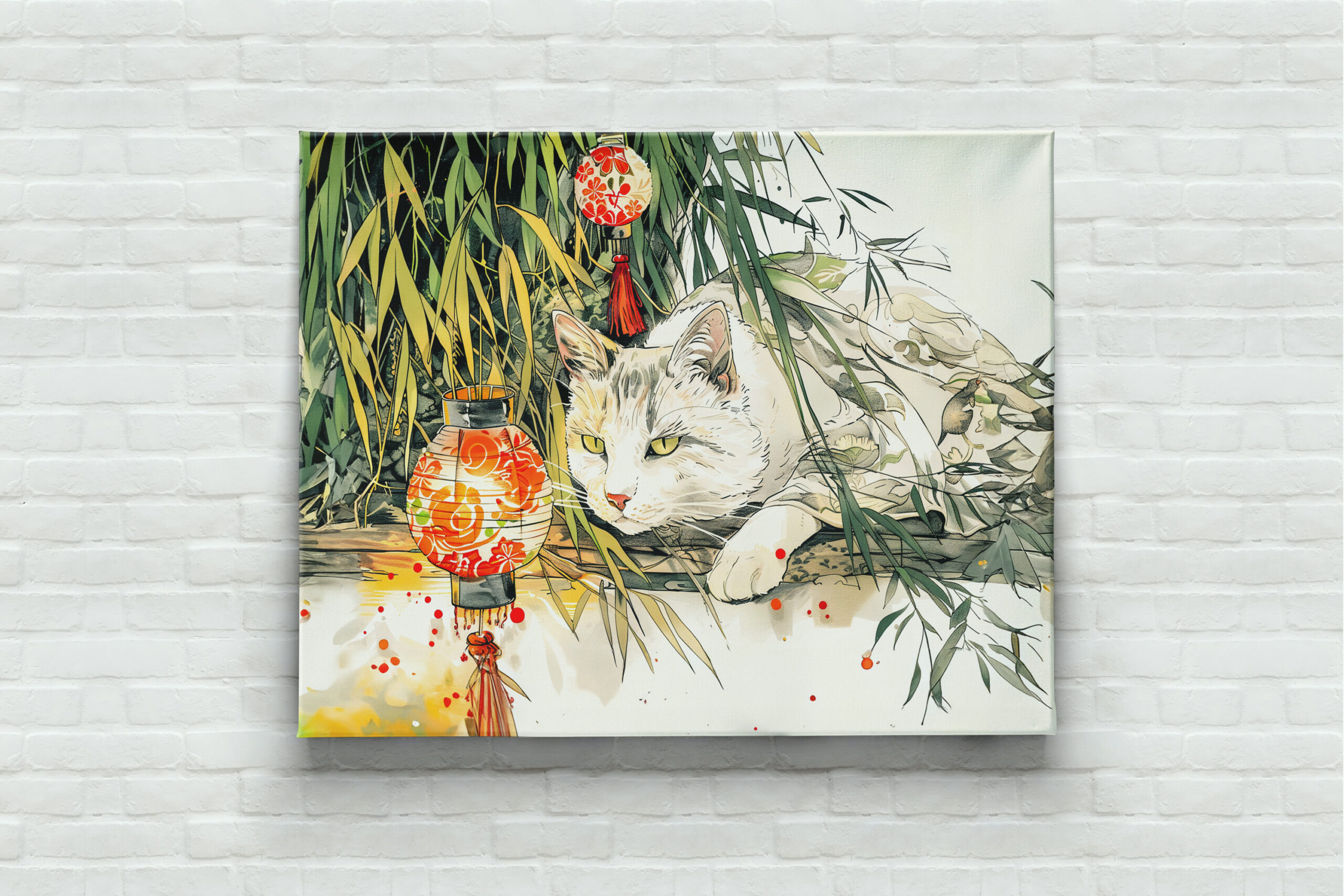 raxxa Canva: White Geisha Cat with in Bamboo Forest Chinese Ink Painting Style – Image 2