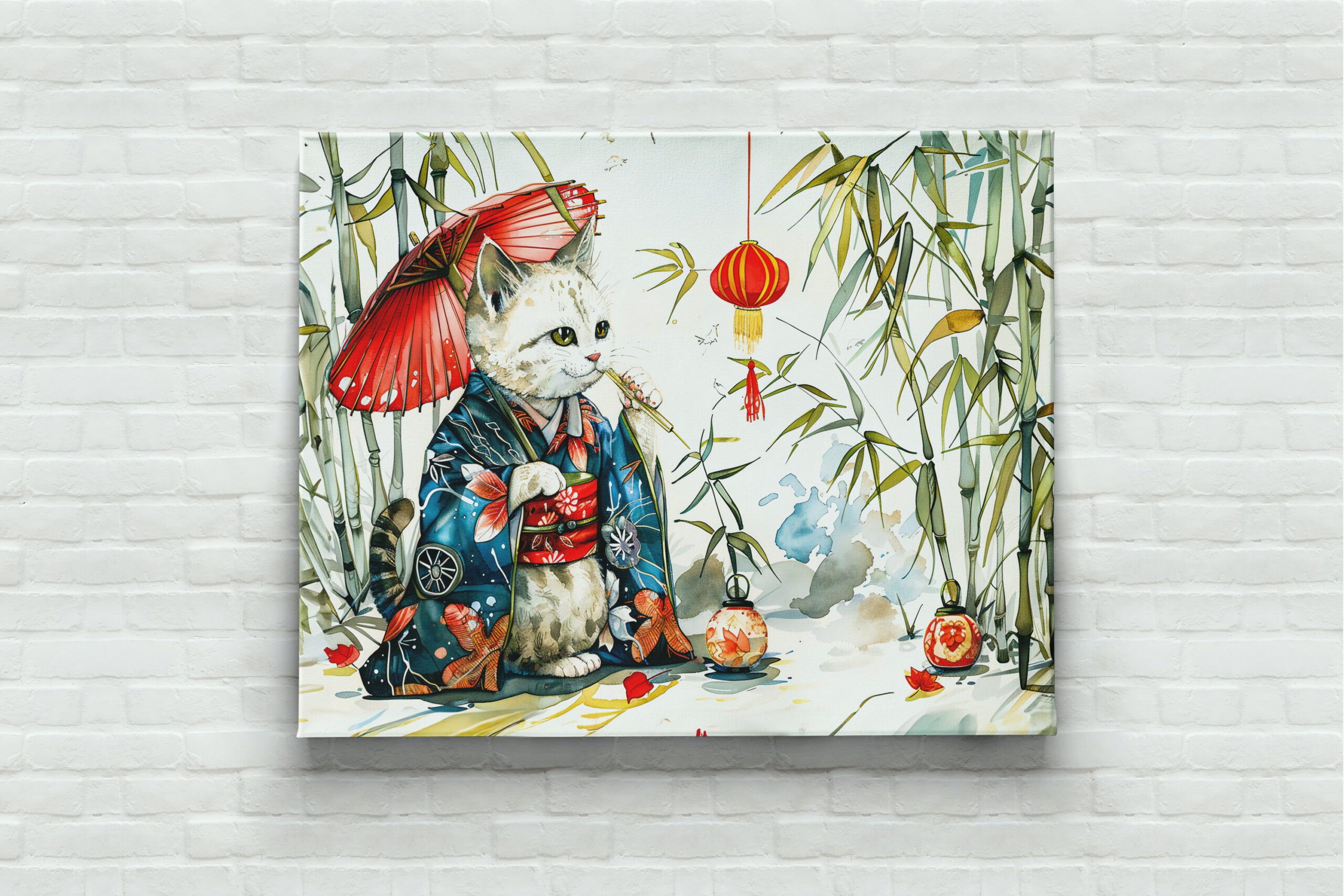 raxxa Canva: White Geisha Cat with Red Umbrella in Bamboo Forest – Chinese Ink Painting Style – Image 3