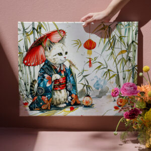 raxxa Canva: White Geisha Cat with Red Umbrella in Bamboo Forest – Chinese Ink Painting Style