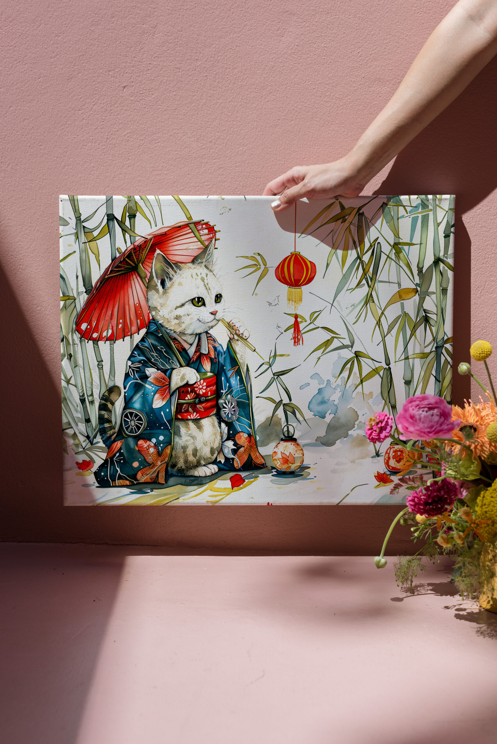 raxxa Canva: White Geisha Cat with Red Umbrella in Bamboo Forest – Chinese Ink Painting Style