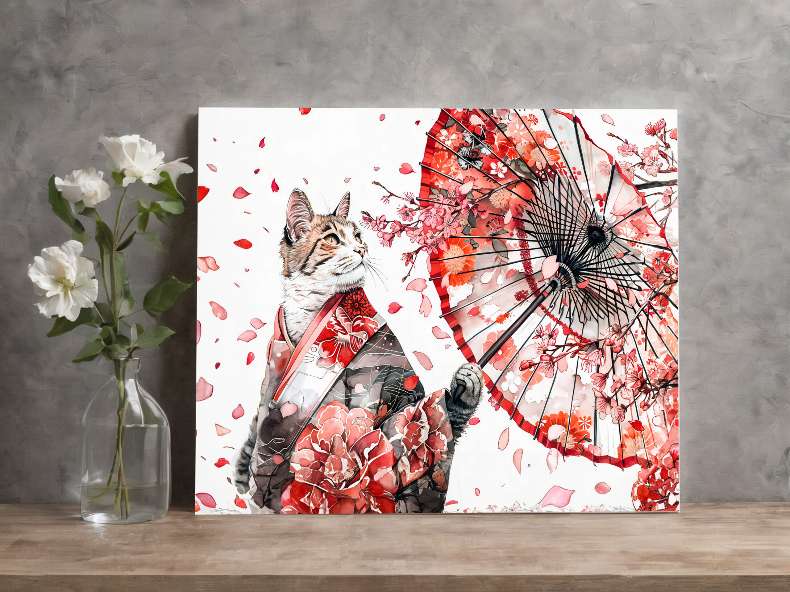 raxxa Canva: Elegant Geisha Cat with Red Umbrella and Cherry Blossoms Asian Ink Art - immagine 2