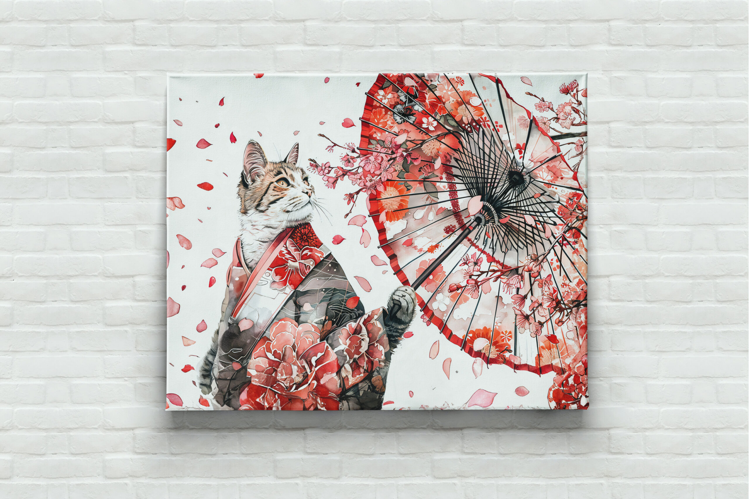 raxxa Canva: Elegant Geisha Cat with Red Umbrella and Cherry Blossoms Asian Ink Art - immagine 3
